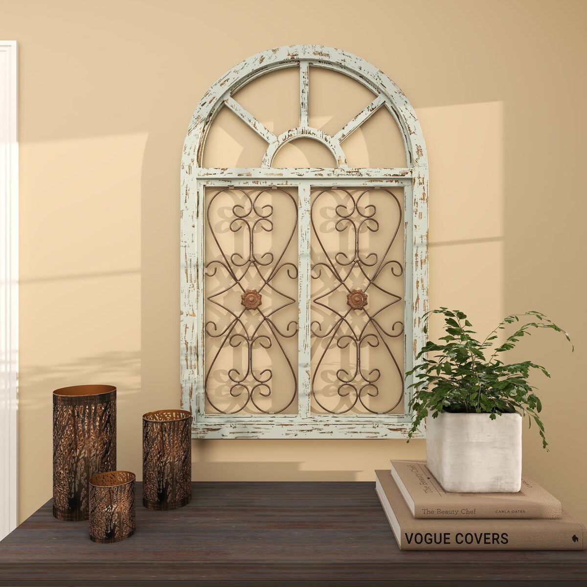 Wood Scroll Arched Window Inspired Home Wall Decor with Metal Scrollwork Relief - Light Blue - Roche River Decor