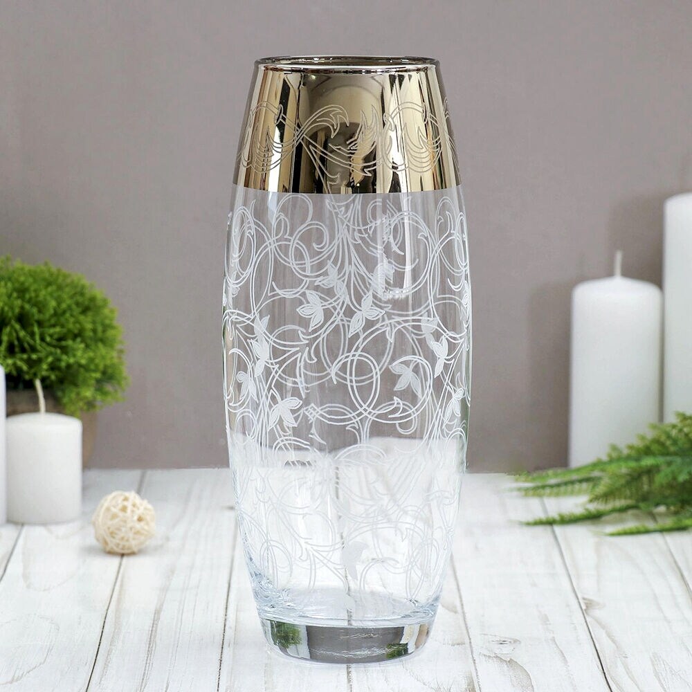 Clear Tall Neck 10 Glass Floral Engraved Gold Plated Vase