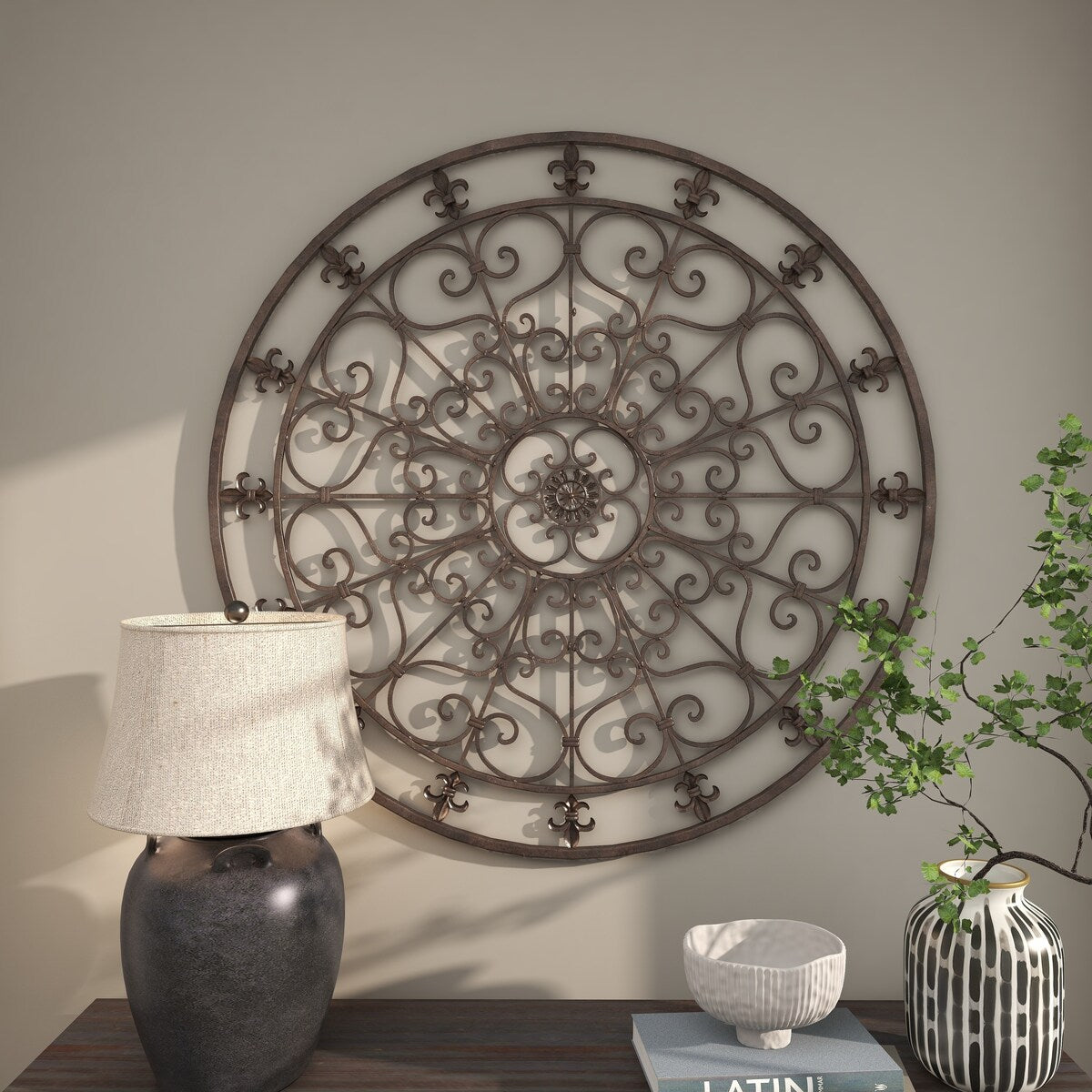 Metal Fleur De Lis Circle Home Wall Decor with Scrollwork - Black - Roche River Decor