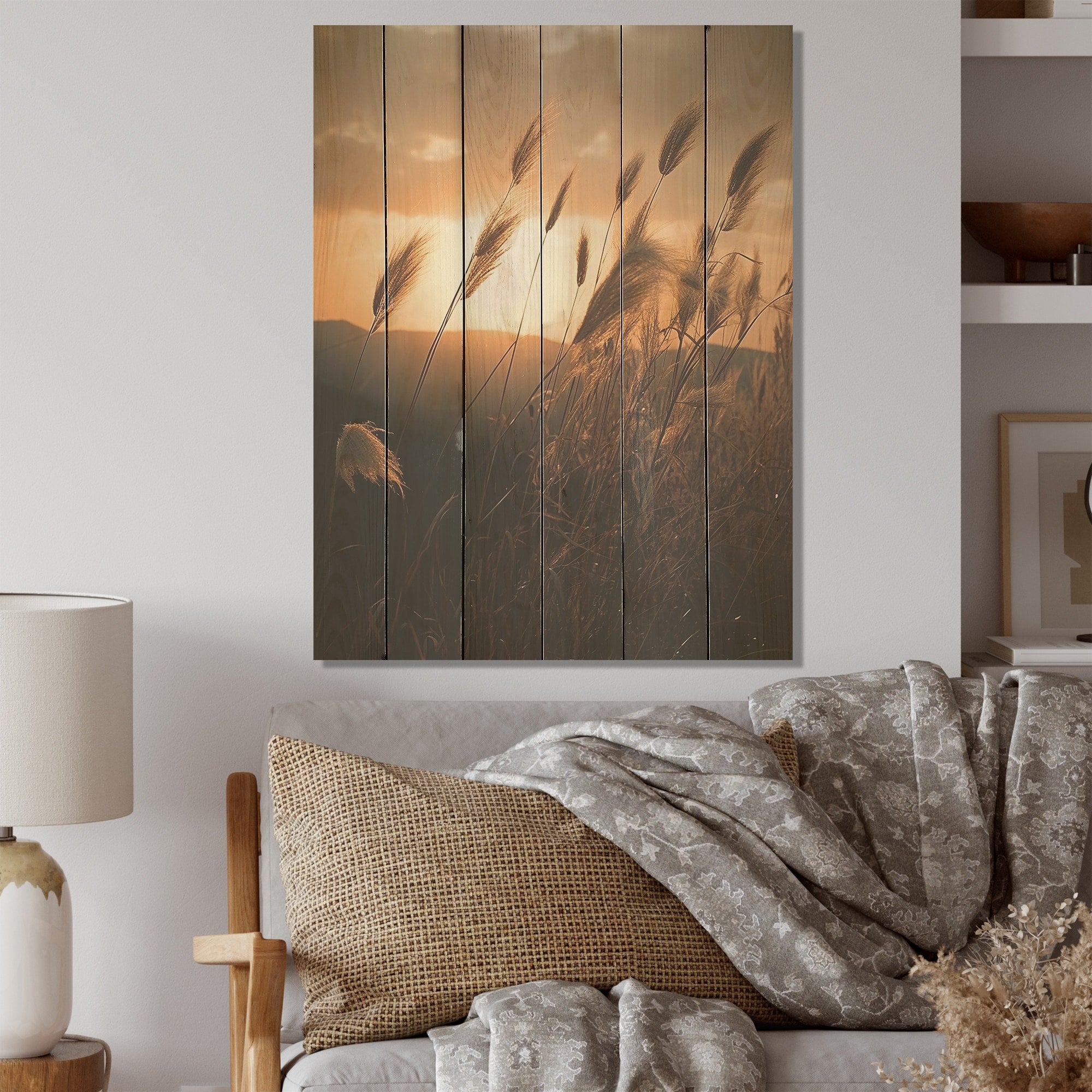 Designart Beachgrass In Motion At Sunset Herbs Wood Wall Decor - Traditional Beige Wood Panel On Natural Pine Wood