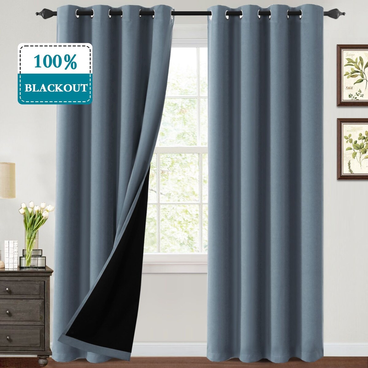 Thermal Insulated 100% Blackout Grommet Curtains with Black Liner(2 panels）