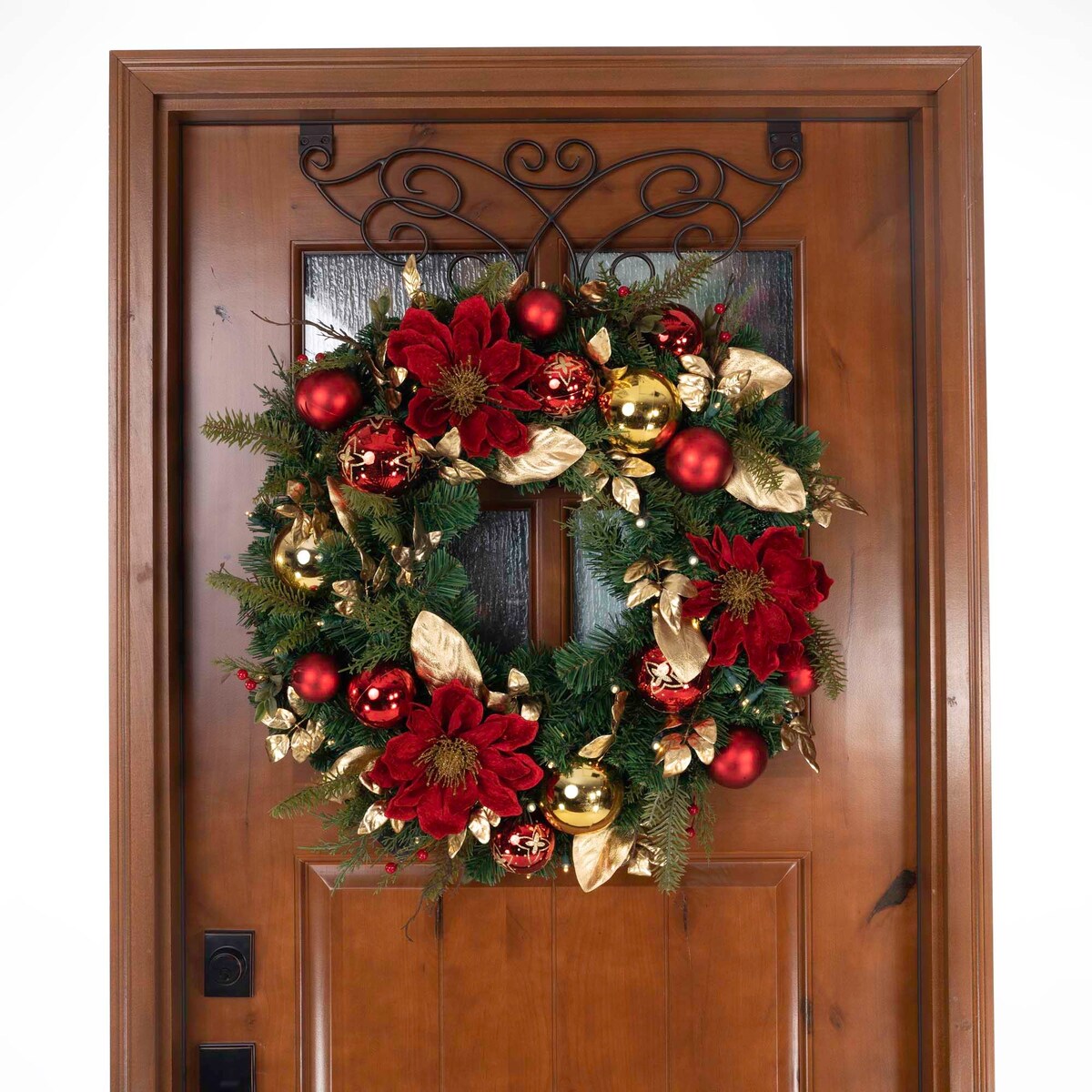 30 in. Lighted Christmas Wreath - Golden Leaf Red Magnolia - 30 Inch