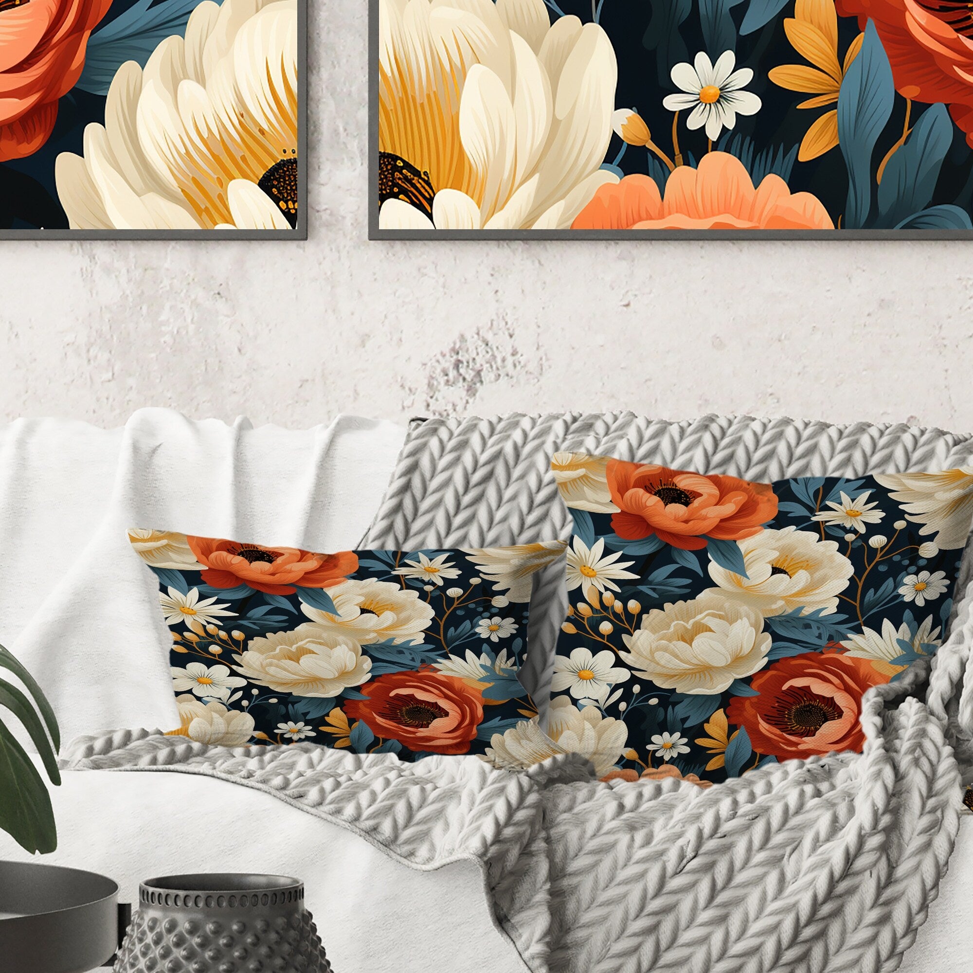 Designart Vintage Nostalgia Beige & Coral Blooming Garden I Floral Printed Throw Pillow