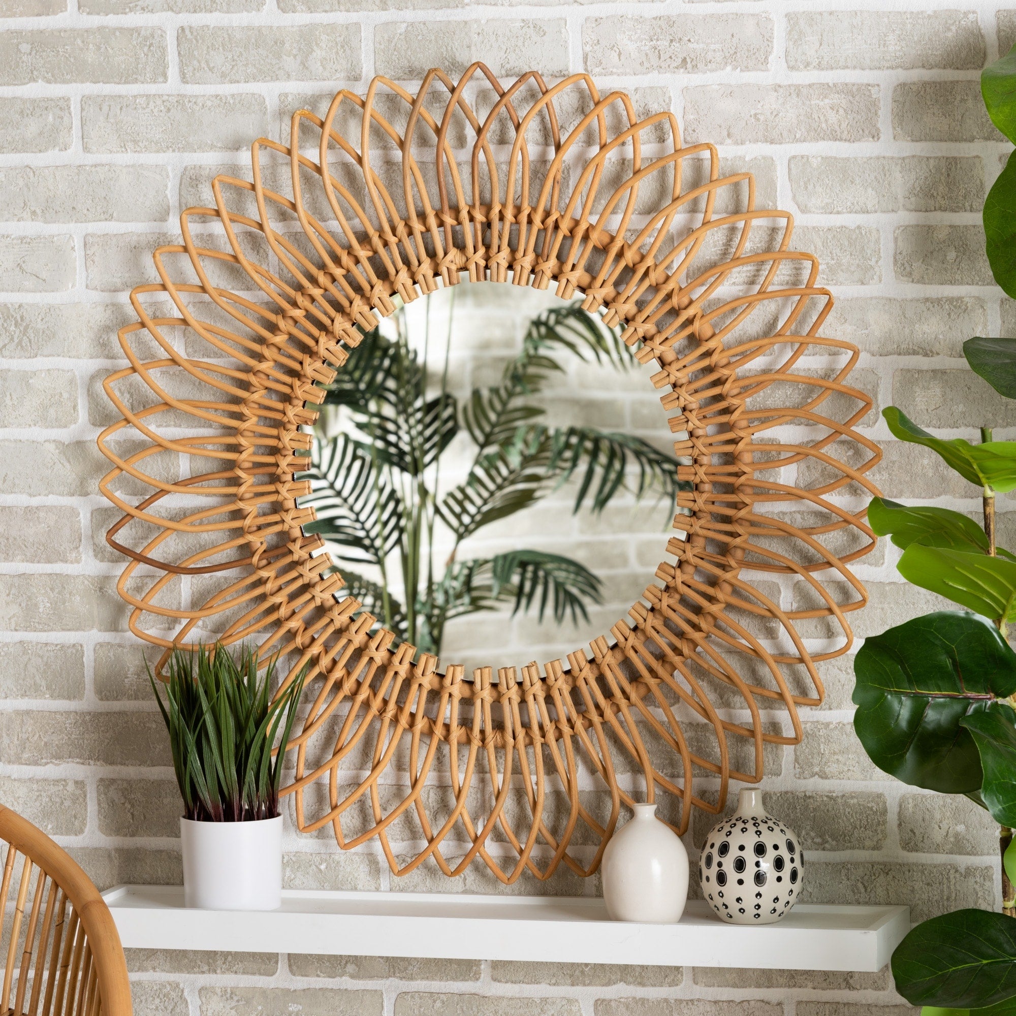 Bora Modern Bohemian Natural Rattan Accent Wall Mirror - Natural Brown