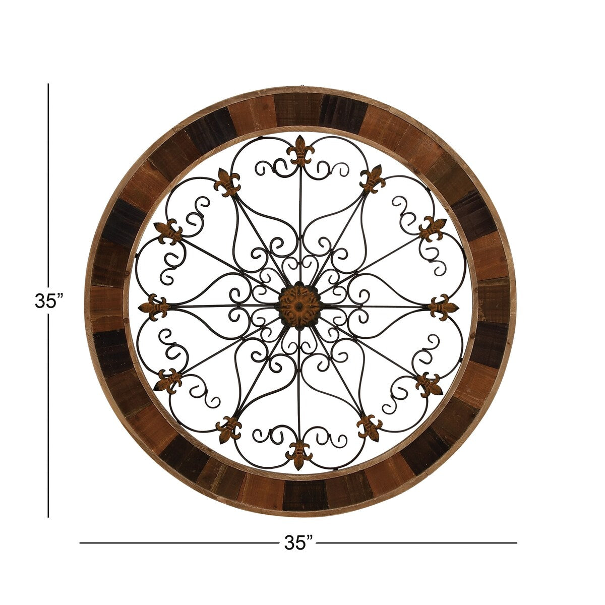 Wood Scroll Medallion Home Wall Decor with Metal Fleur-De-Lis Detail - Brown - Roche River Decor