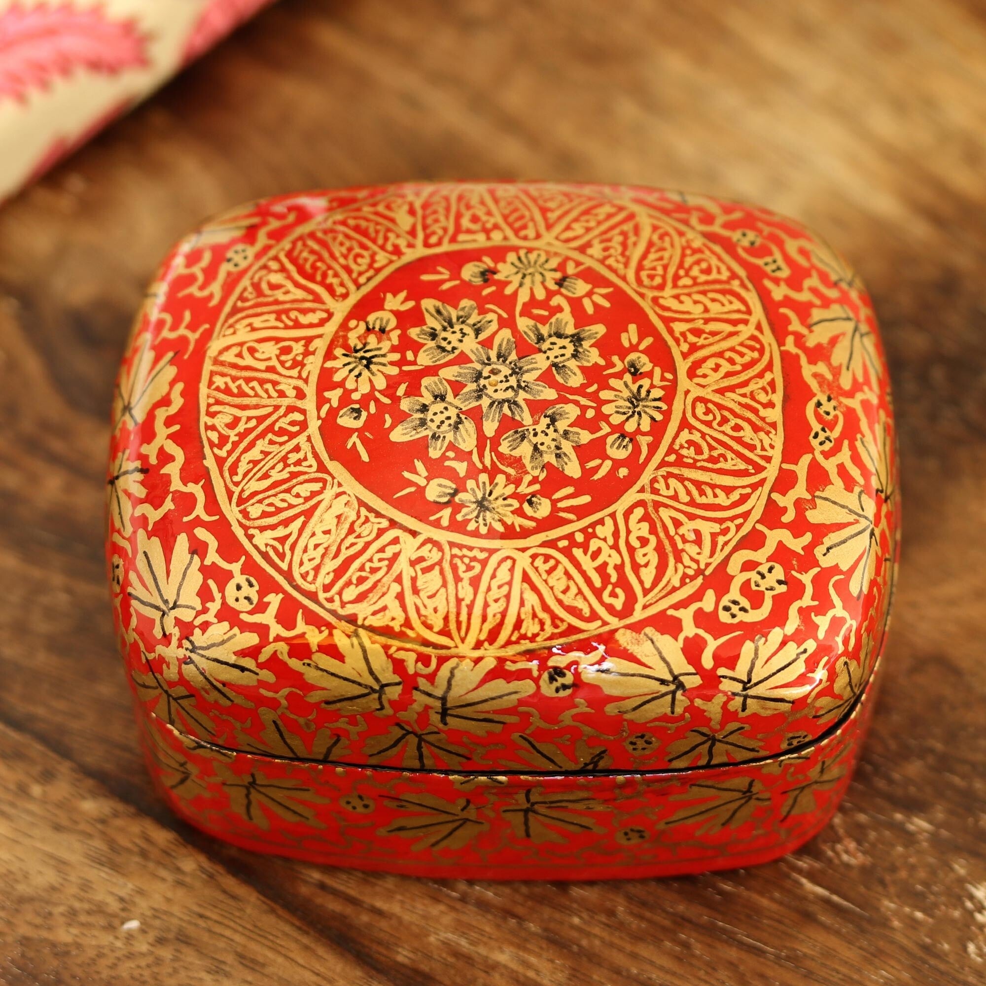 Novica Handmade Red Golden Bouquet Papier Mache Decorative Box