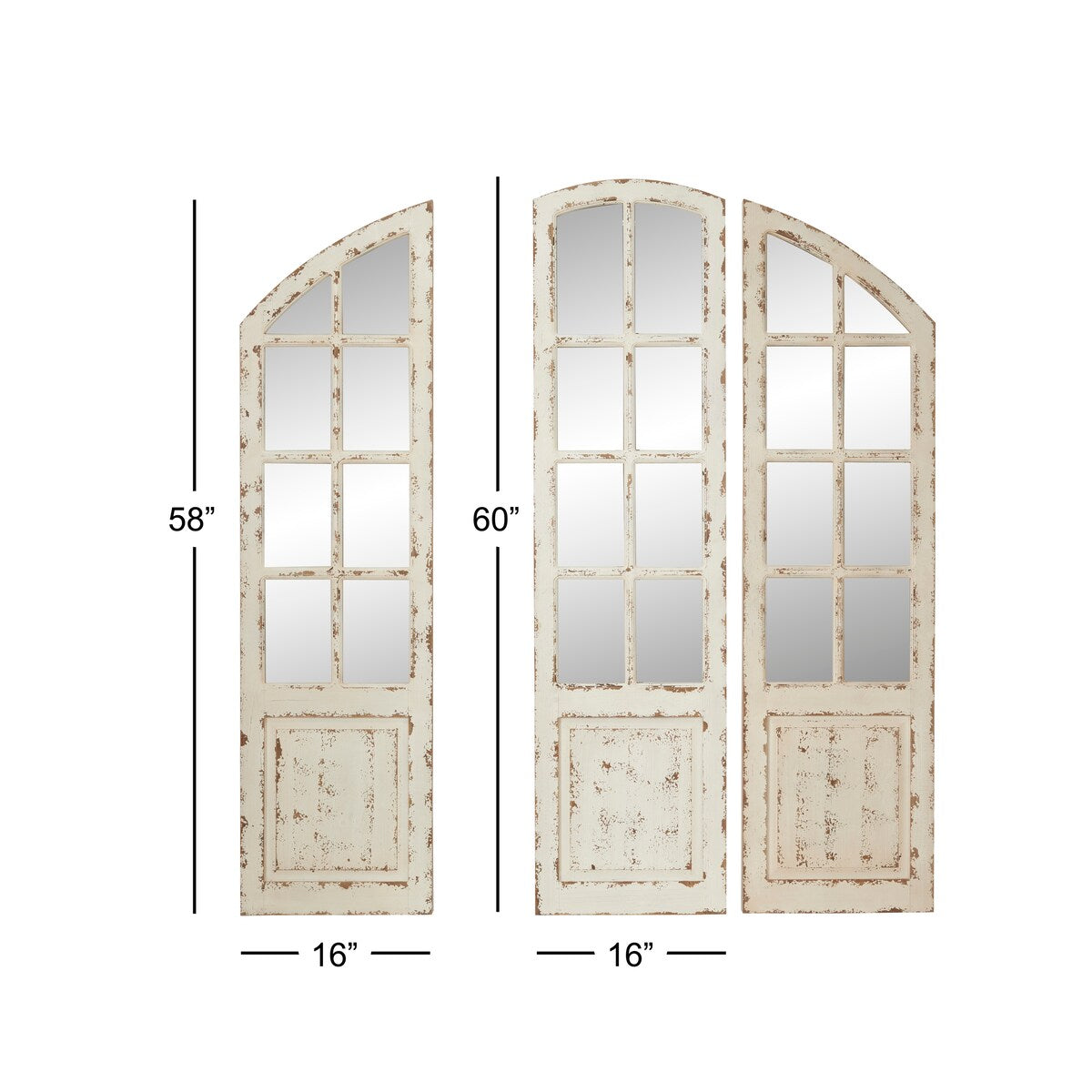 Wood Window Pane Inspired Room Wall Mirror with Arched Top and Distressing - Set of 3 White - Roche River Decor