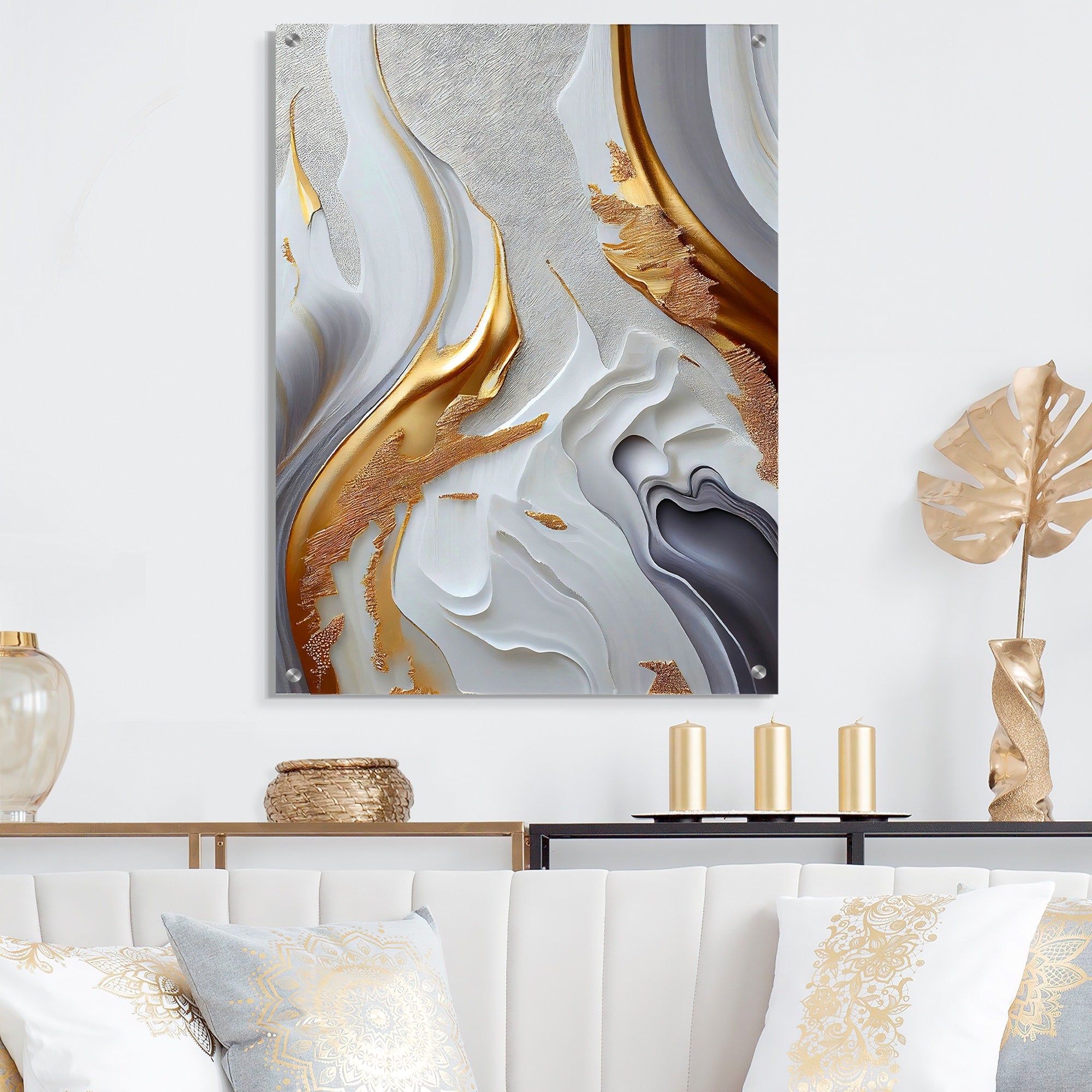 Designart White And Gold Marble Abstract I Abstract Marble Gloss Wall Decor - Modern Acrylic Wall Art For Living Room