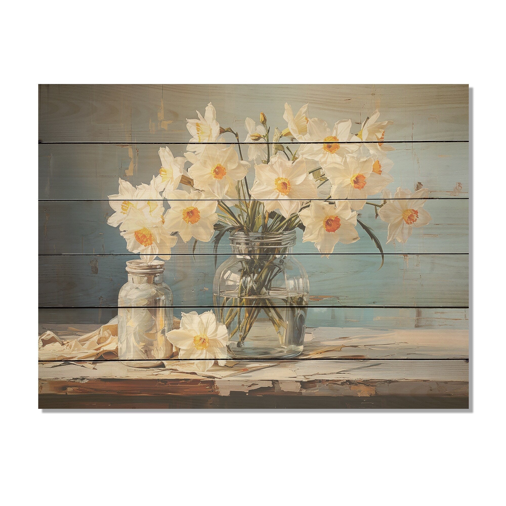 Designart Daffodils Farmhouse Still Life Daffodils Wood Wall Decor Traditional White Wood Panel On Natural Pine Wood