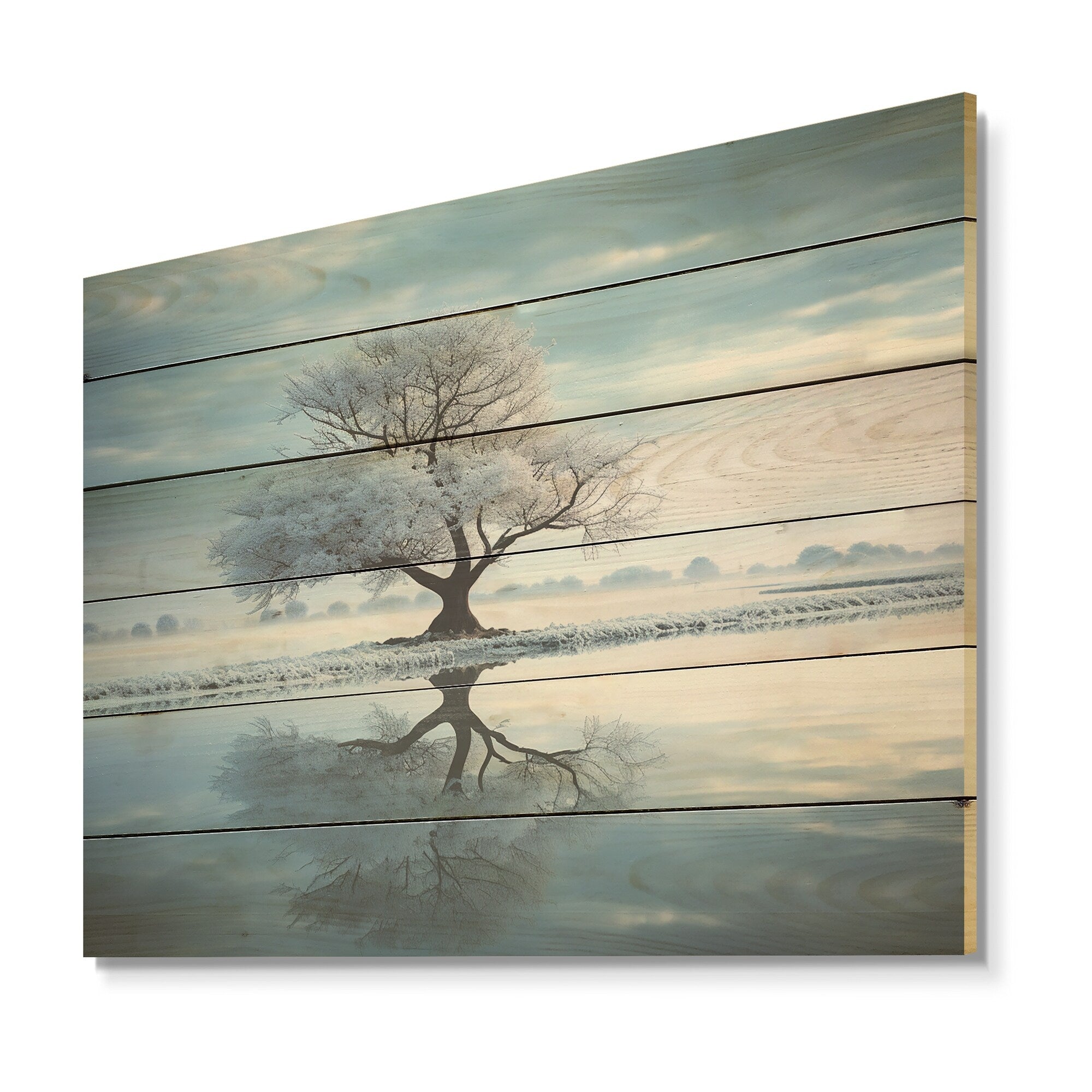 Designart Winter Landscape White By The Lake I Winter Landscape Wood Wall Decor Blue Wood Panel On Natural Pine Wood