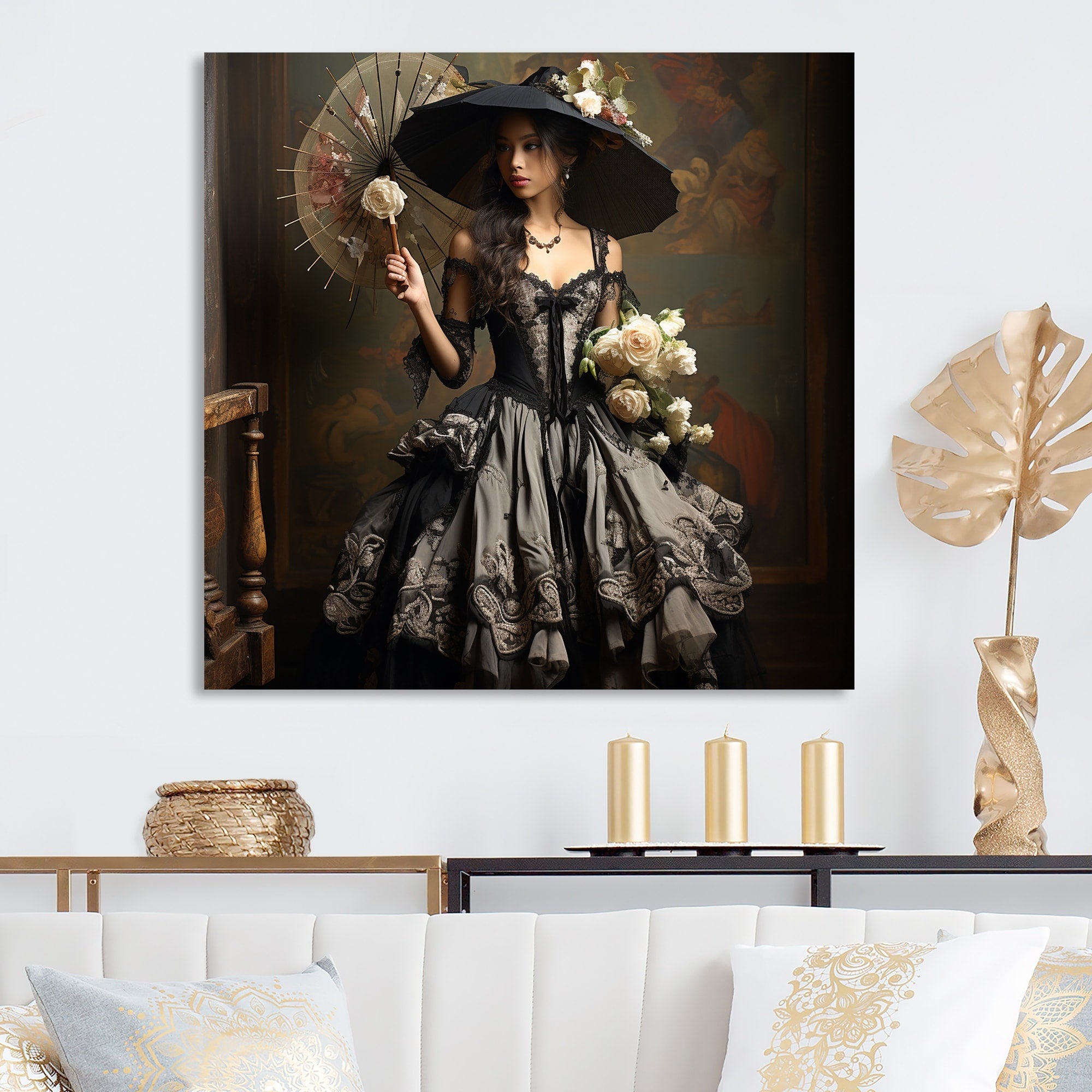 Designart Pink And Black Victorian Asian Woman Portrait Victorian Woman Pink Metal Wall Art - Modern Metal Art Work