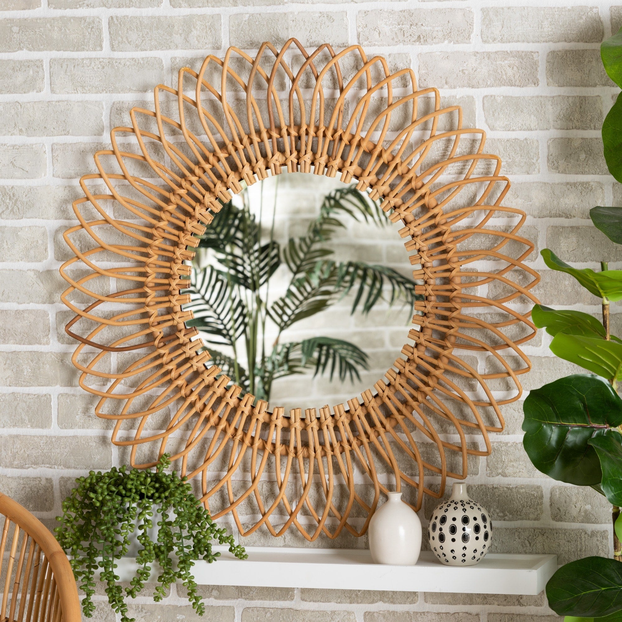 Bora Modern Bohemian Natural Rattan Accent Wall Mirror - Natural Brown