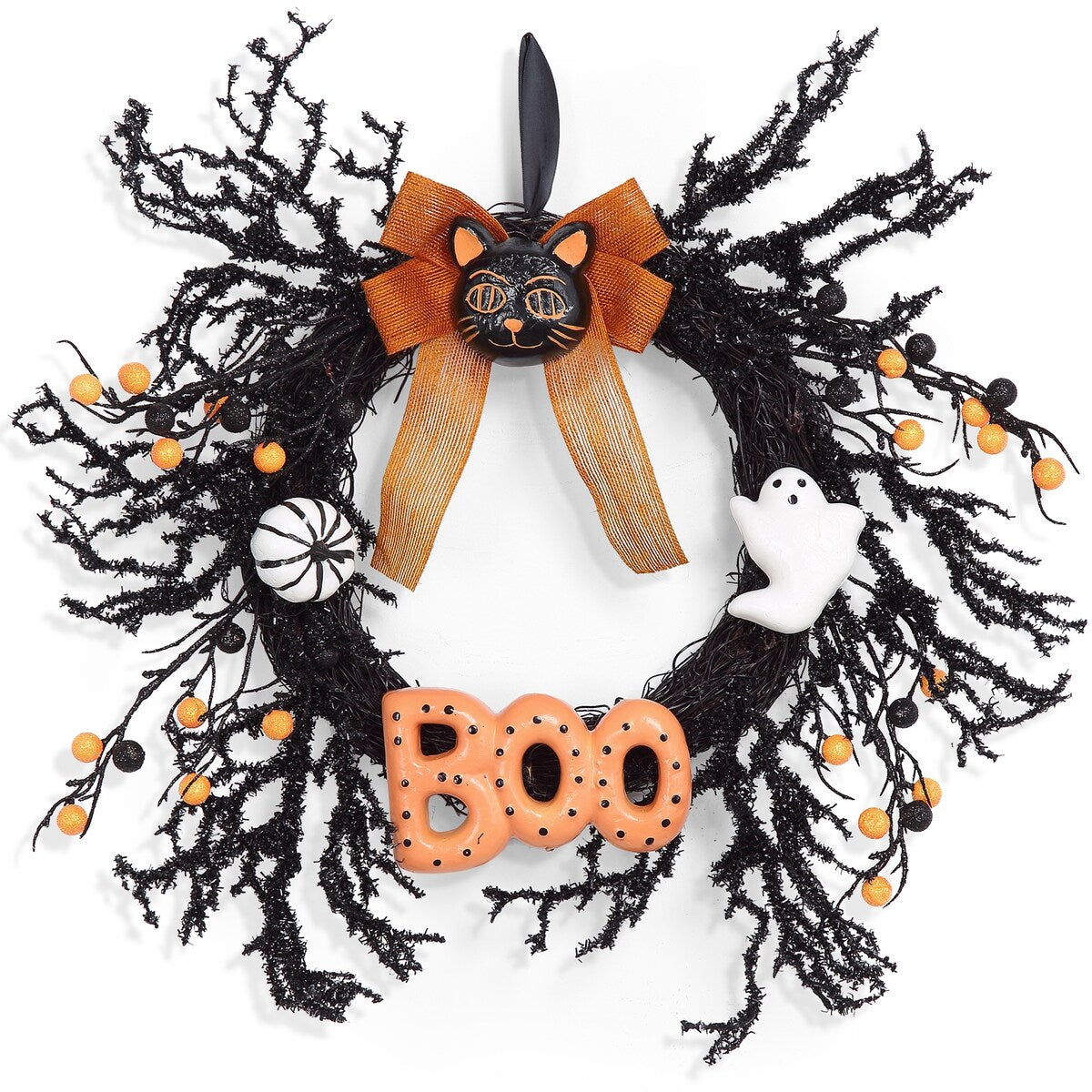 18Inch Halloween Wreath with Cat Boo Sign, Pumpkin, Ghost