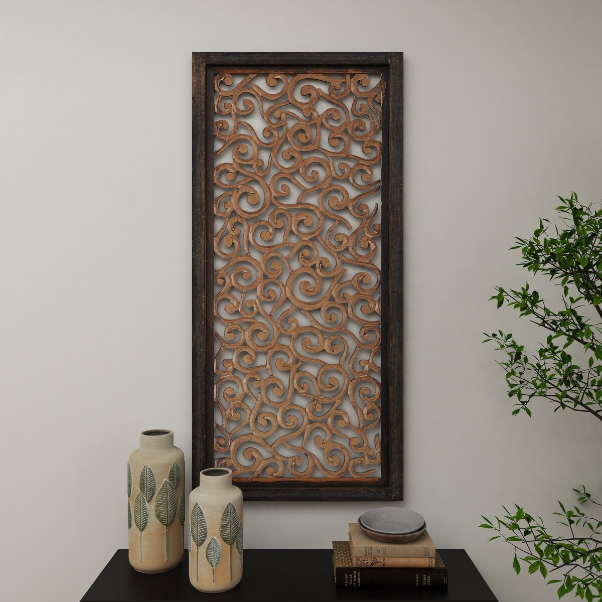 Wood Floral Handmade Intricately Carved Scroll Home Wall Decor - Brown - Roche River Decor