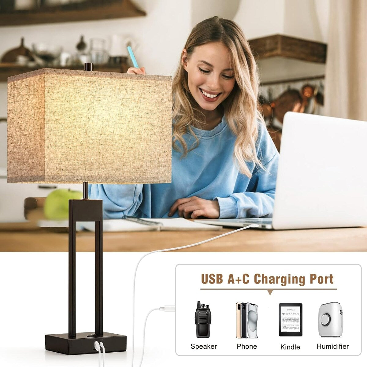 Table Lamps with 2 USB Charging Ports, 3 Ways Dimmable Touch Control Nightstand Bedside Lamps Bedroom Decor