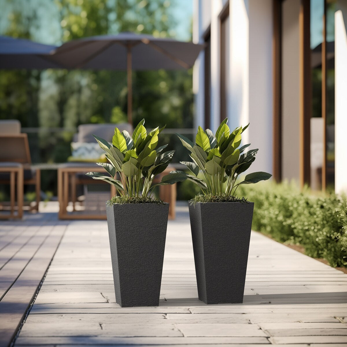 Black Tall Plastic Trapezoid Plant Pots / Large Indoor and Outdoor Flower Planters, 2 Piece Set