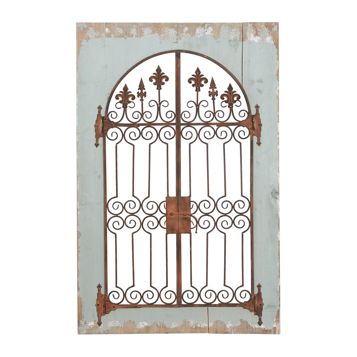 Wood Fleur De Lis Arched Windowpane Home Wall Decor with Rust Metal Scrolled Gate - Blue - Roche River Decor