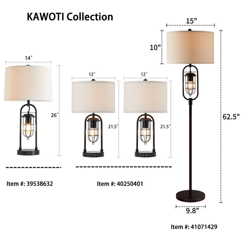 KAWOTI 21.5 inch Table Lamp Set with Night Light and USB Ports, Bulbs