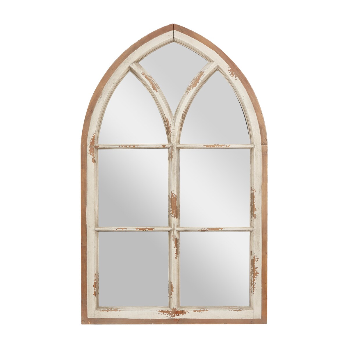 Wood Window Pane Inspired Room Wall Mirror with Arched Top and Distressing - White - Roche River Decor