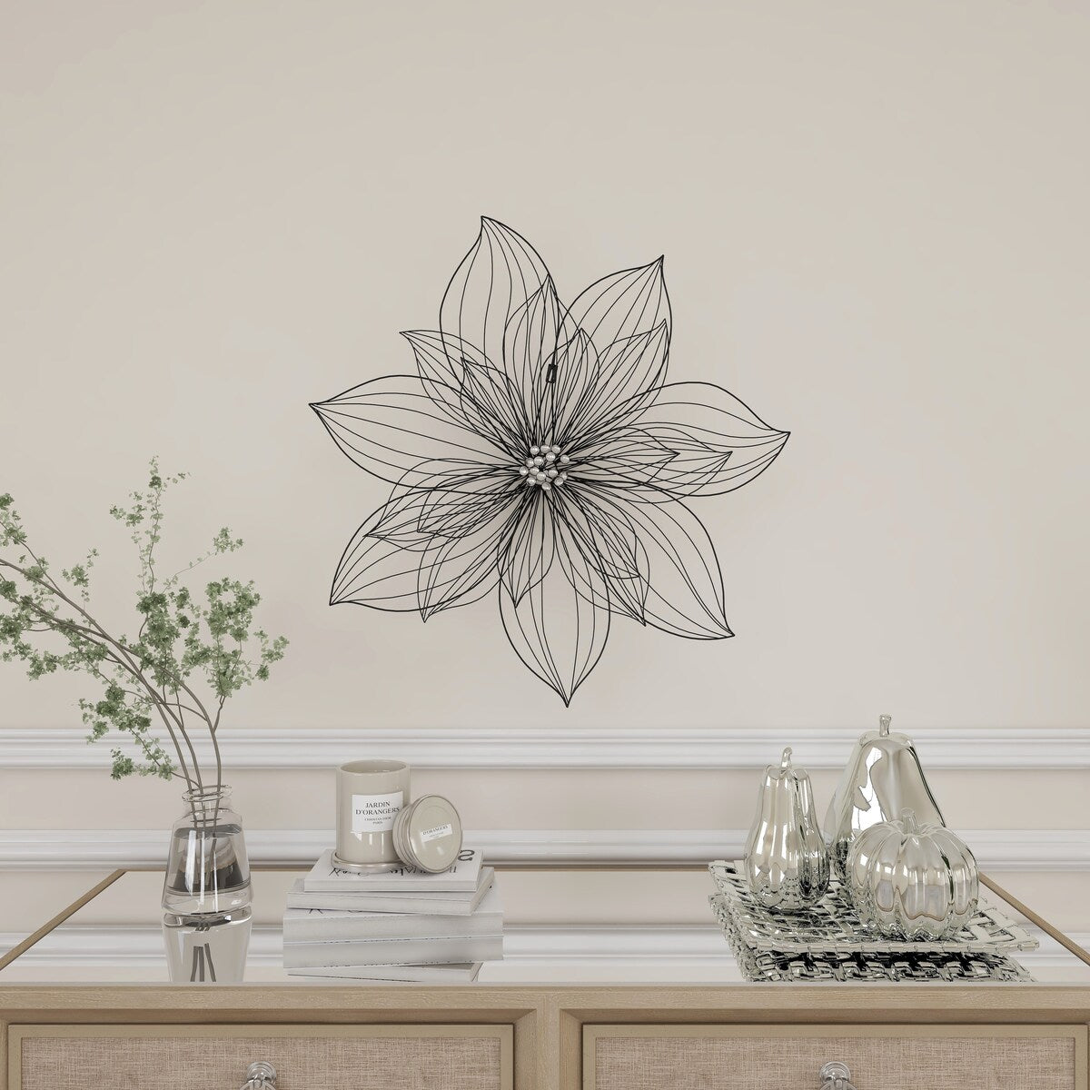 Metal Floral 3D Wire Home Wall Decor with Crystal Embellishments - Black - Roche River Decor