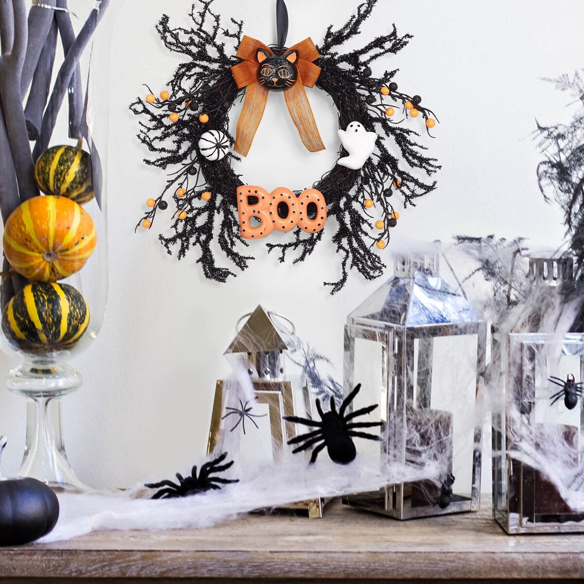 18Inch Halloween Wreath with Cat Boo Sign, Pumpkin, Ghost