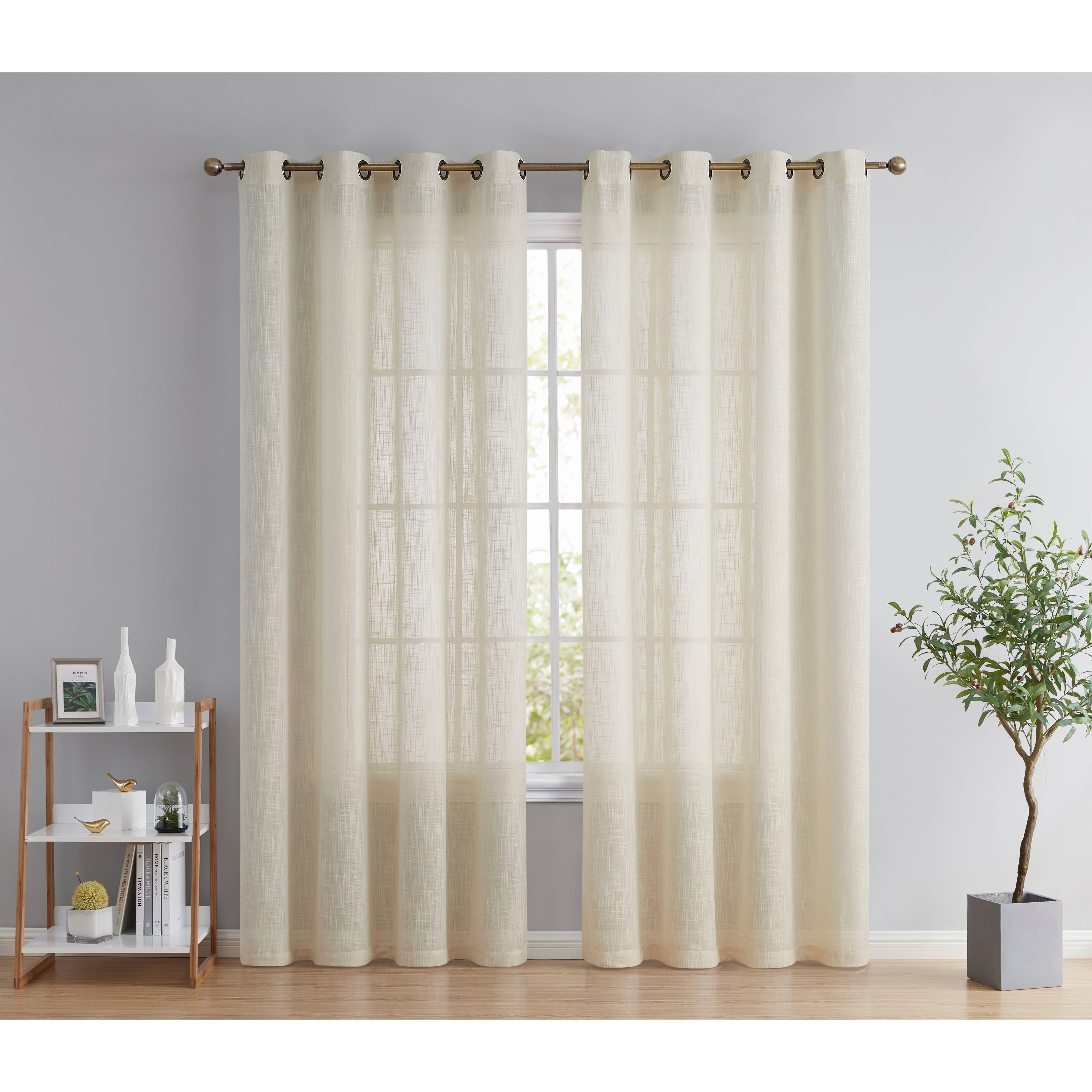 HLC.me Abbey Faux Linen Textured Semi Sheer Privacy Light Filtering Transparent Window Grommet Curtain Panels, Pair