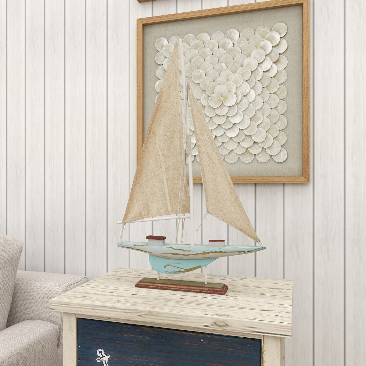 Wood Sail Boat Distressed Decorative Sculpture with Cream Linen Sails and Brown Accents - Blue - Roche River Decor