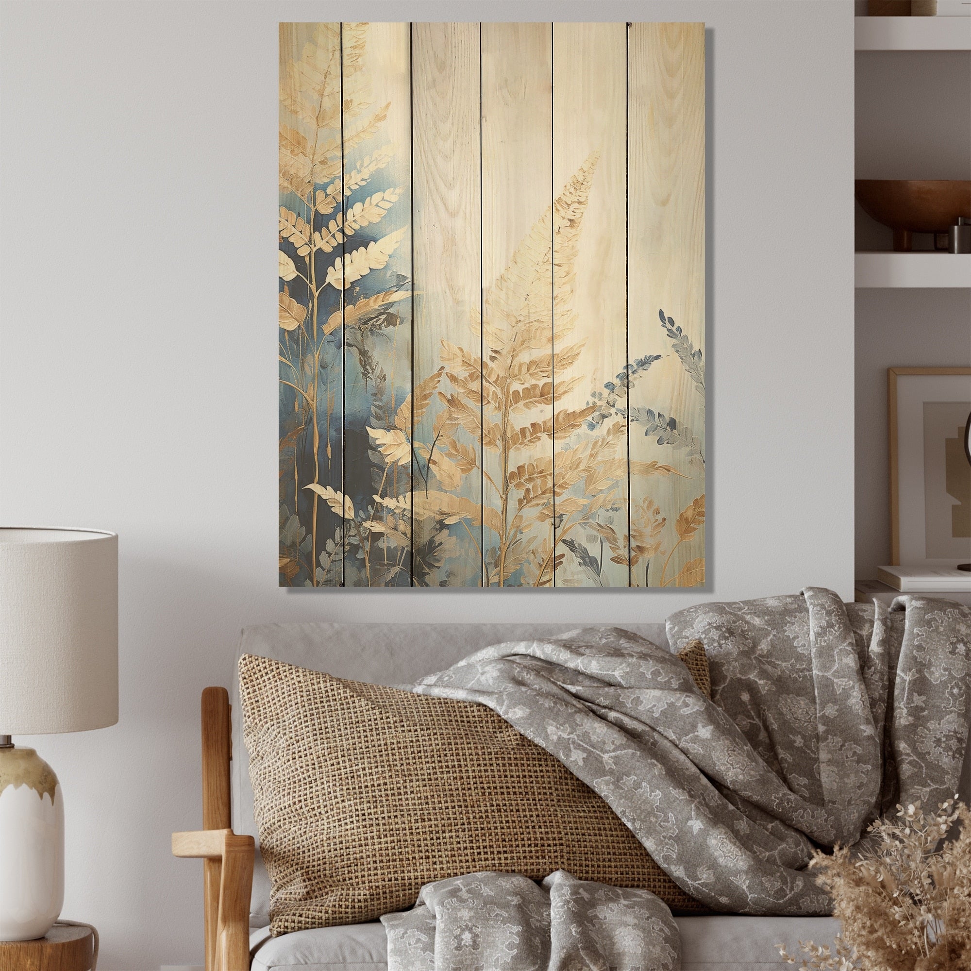 Designart Golden Ferns Silent Gracefulness I Ferns Wood Wall Decor - Modern Beige Wood Panel On Natural Pine Wood