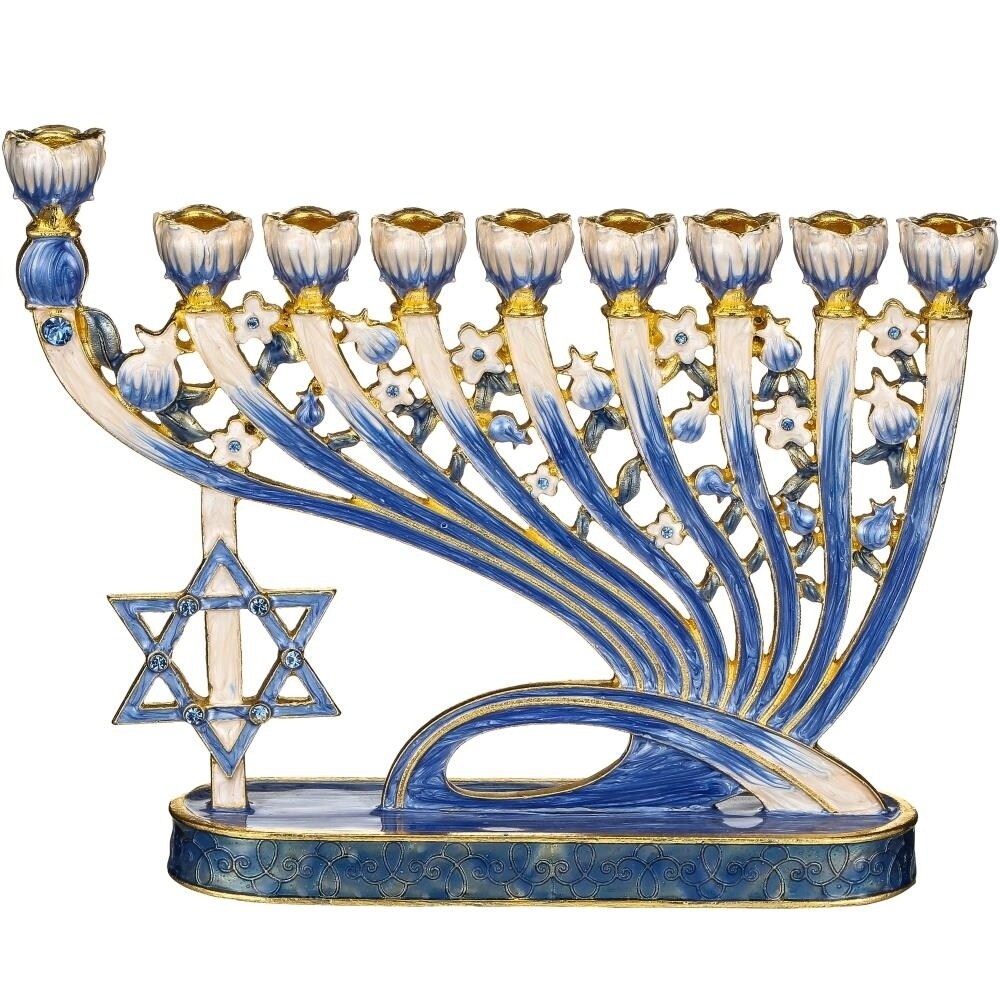 Hand Painted Blue Enamel Menorah Candelabra with Star of David by Matashi