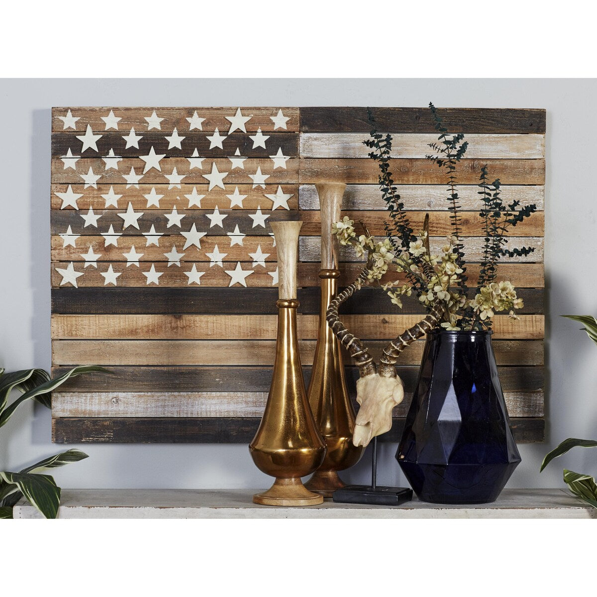 Wood American Flag Handmade Washed Home Wall Decor with Slatted Panels and Cream Stars - Brown - Roche River Decor