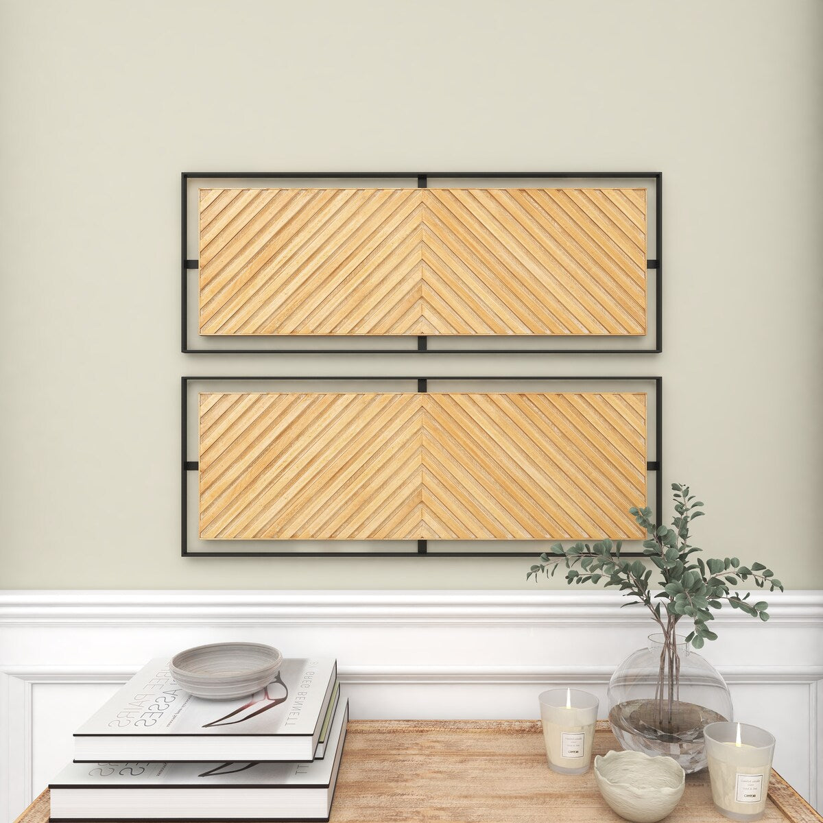 Wooden Geometric Handmade Linear Carved Home Wall Decor with Black Frame - Set of 2 Brown - Roche River Decor