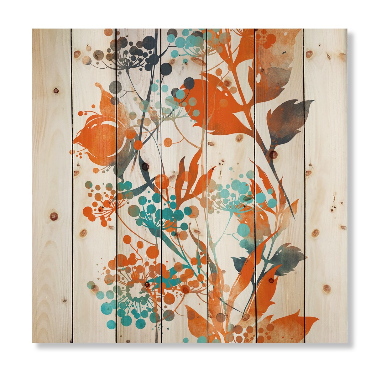 Designart 'Green and Orange Wildflowers III' Modern Print on Natural Pine Wood