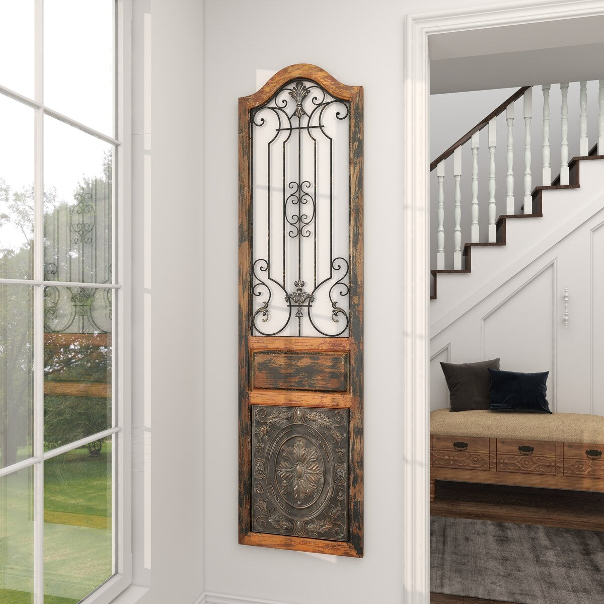 Wood Scroll Distressed Door Inspired Ornamental Home Wall Decor with Metal Wire Details - Brown - Roche River Decor