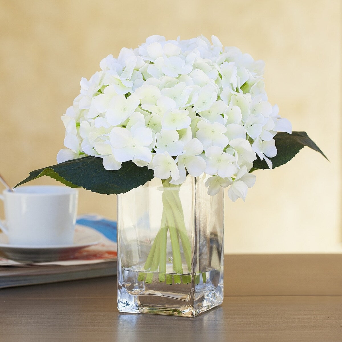 Enova Home Artificial Silk Hydrangea Fake Flowers Arrangement in Clear Glass Vase with Faux Water for Home Office Decoration