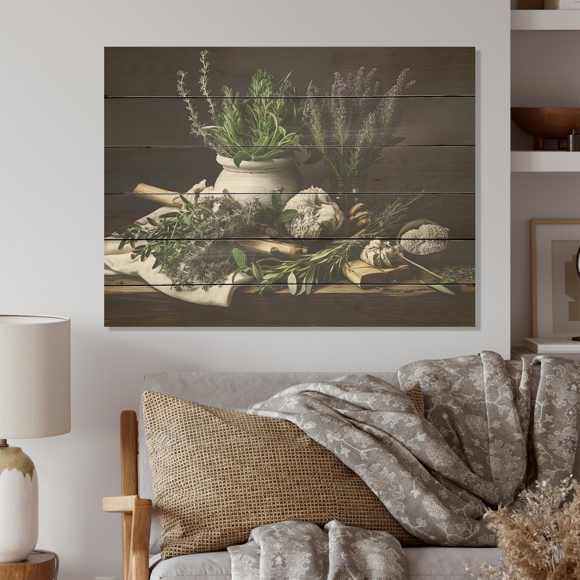 Designart Natures Herbs Bouquet Still Life Herbs Wood Wall Decor - Traditional Green Wood Panel On Natural Pine Wood