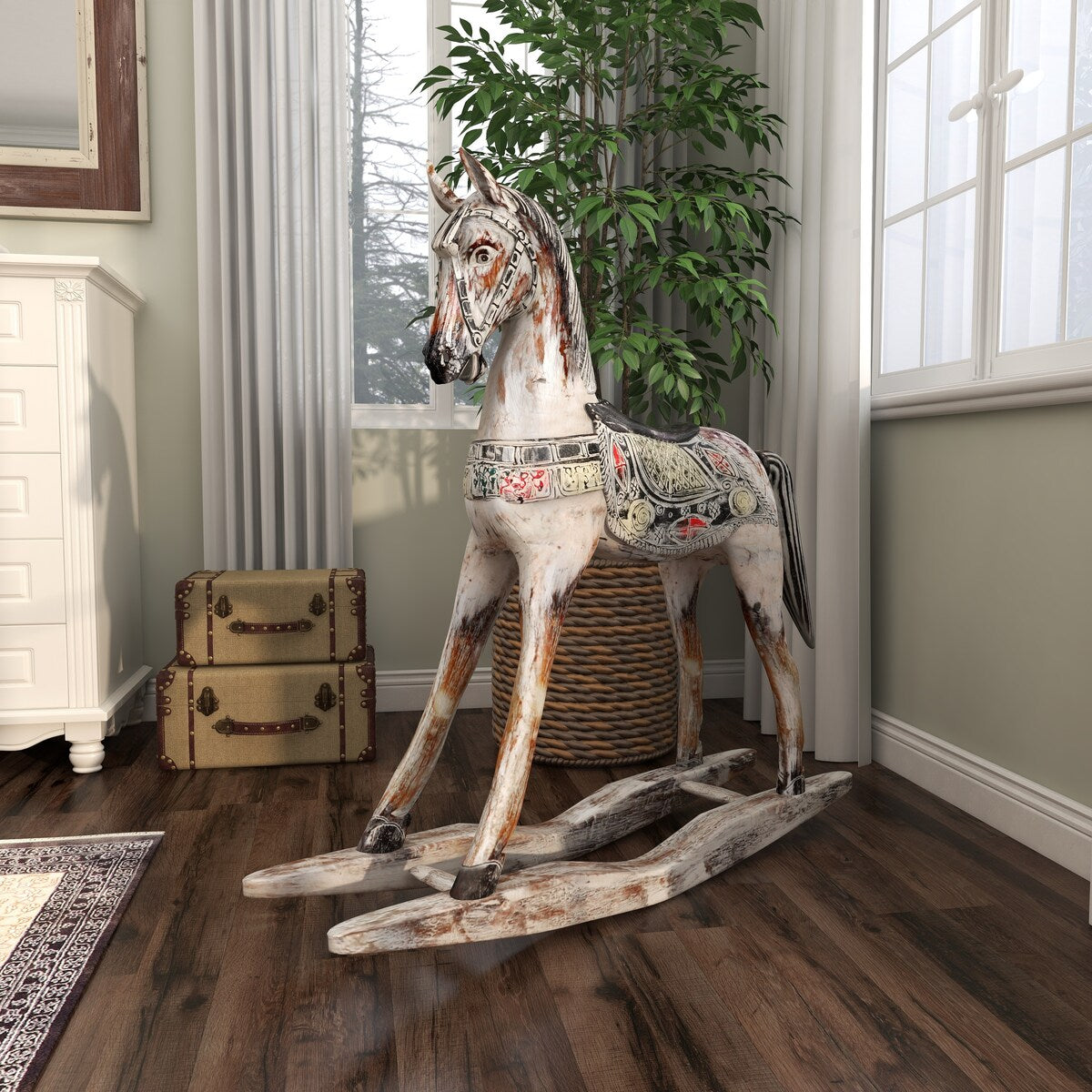 Wood Horse Rocking Decorative Sculpture with Brown Distressing and Colorful Accents - Beige - Roche River Decor