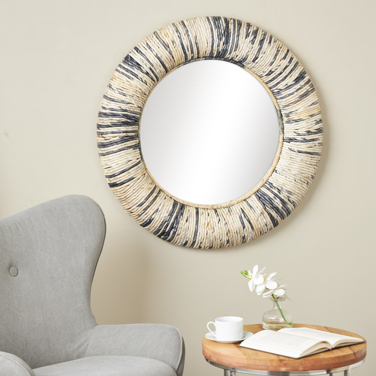 Banana Leaf Room Wall Mirror with Coiled Frame and Blue Accents - Gray - Roche River Decor