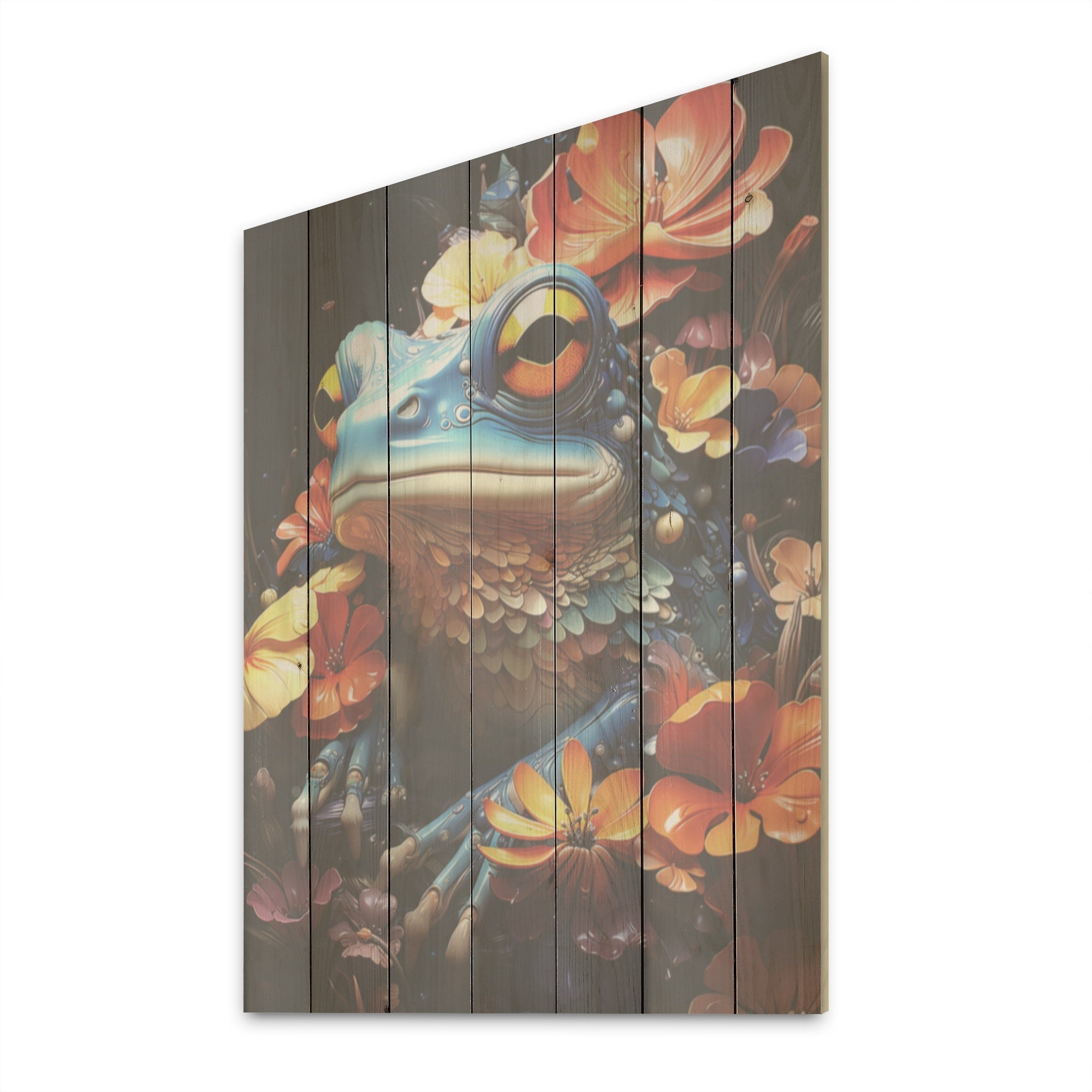 Designart Cosmic Frog Journey Frogs & Toads Wood Wall Decor - Modern Orange Wood Panel On Natural Pine Wood