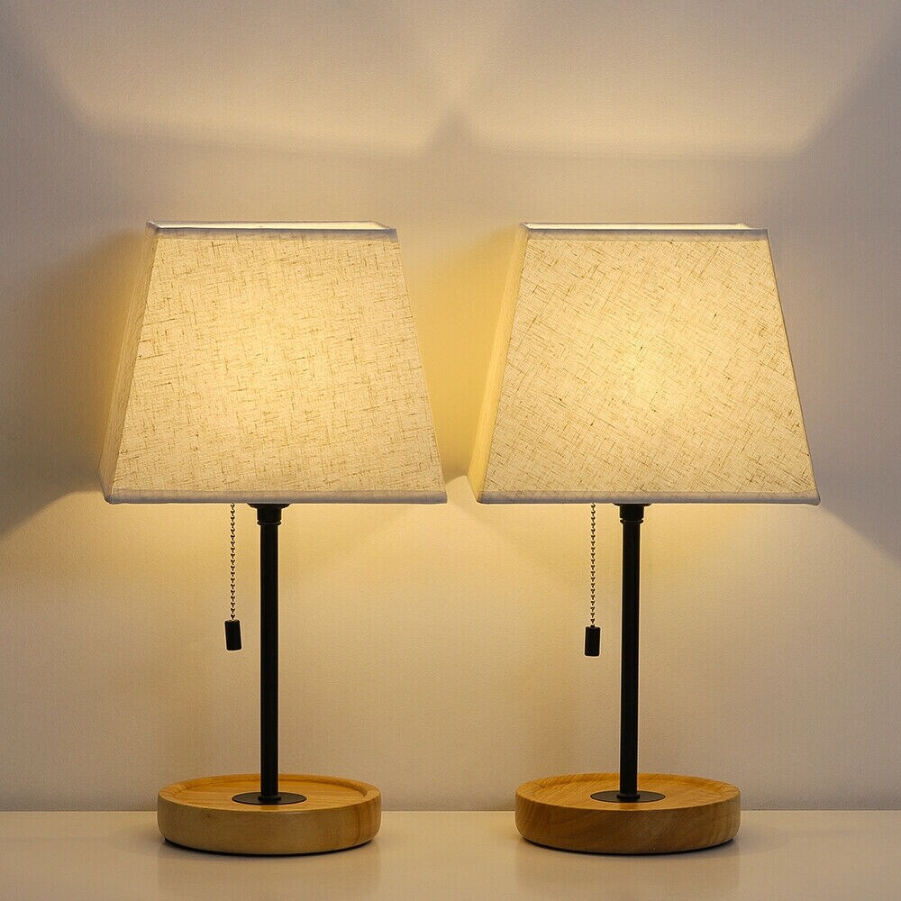 Minimalist Bedside Lamps Set of 2, Pull Chain and Wood Base