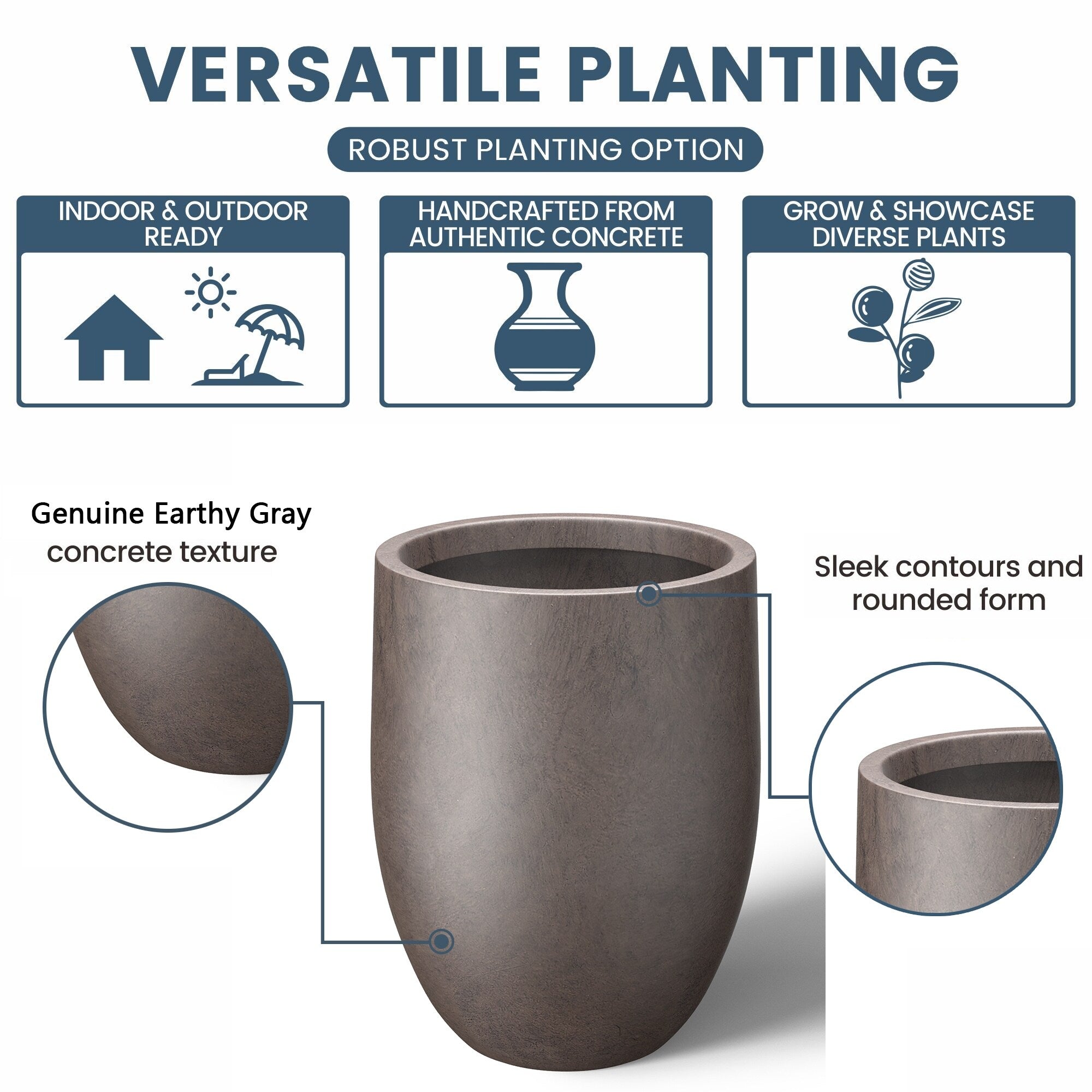 Tall Concrete Round Plant Pots / Large Indoor and Outdoor flower Planters