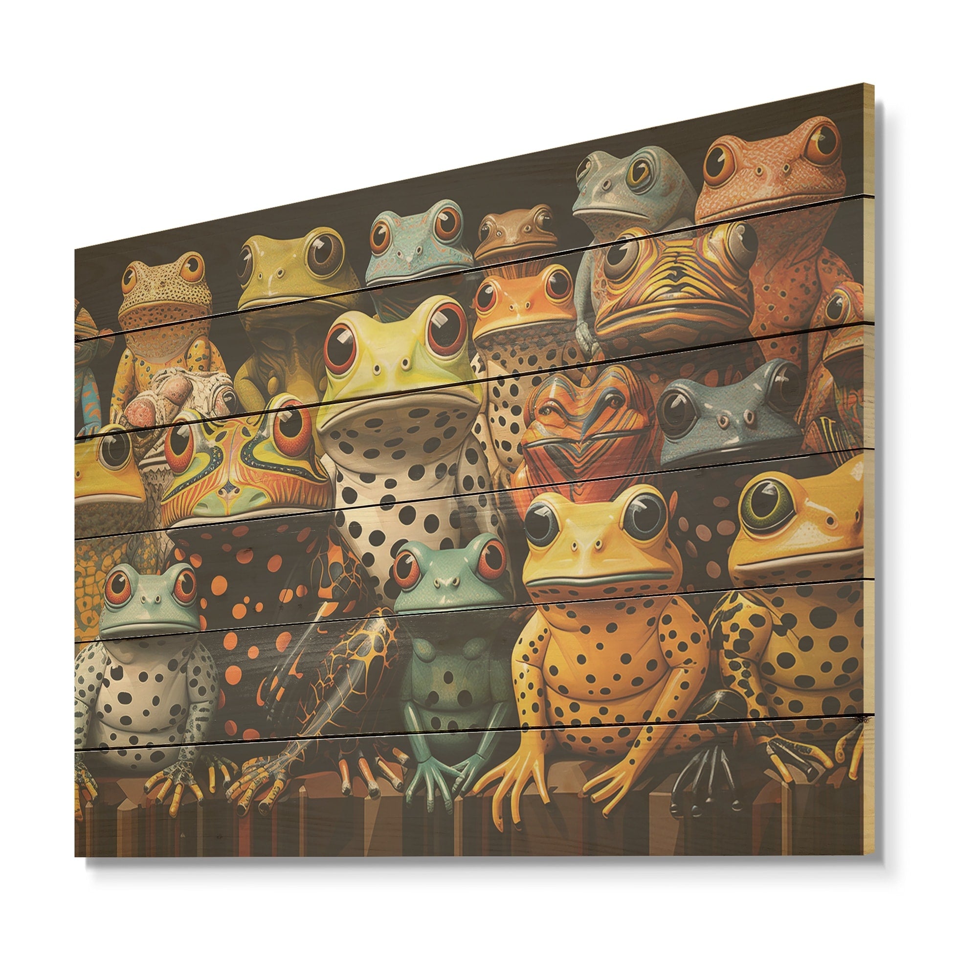 Designart Multicolor Pop Art Frogs I Frogs & Toads Wood Wall Decor - Modern Yellow Wood Panel On Natural Pine Wood