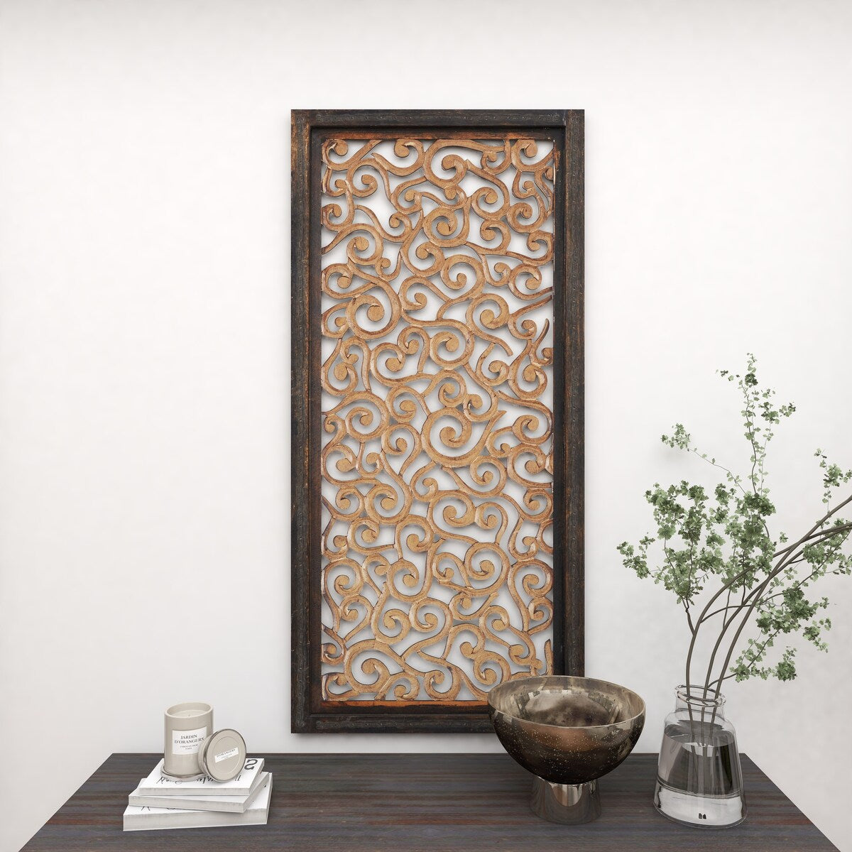 Wood Floral Handmade Intricately Carved Scroll Home Wall Decor - Brown - Roche River Decor