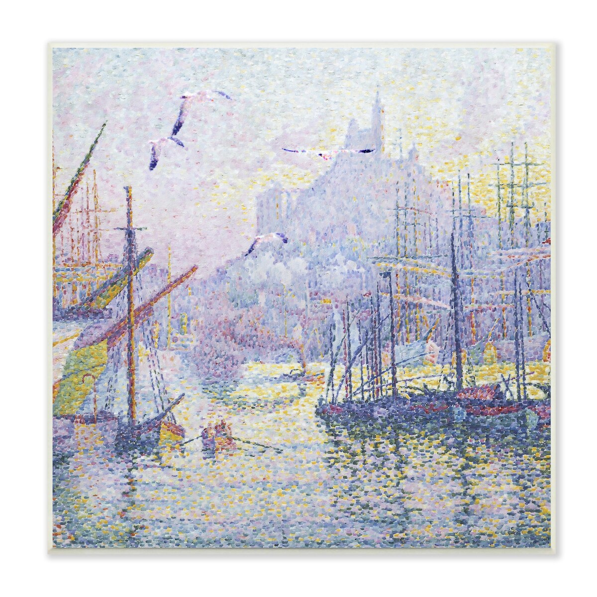 Stupell Morning Sunrise Ship Port Seagulls Nautical Pointillism Painting Wood Wall Art - Yellow