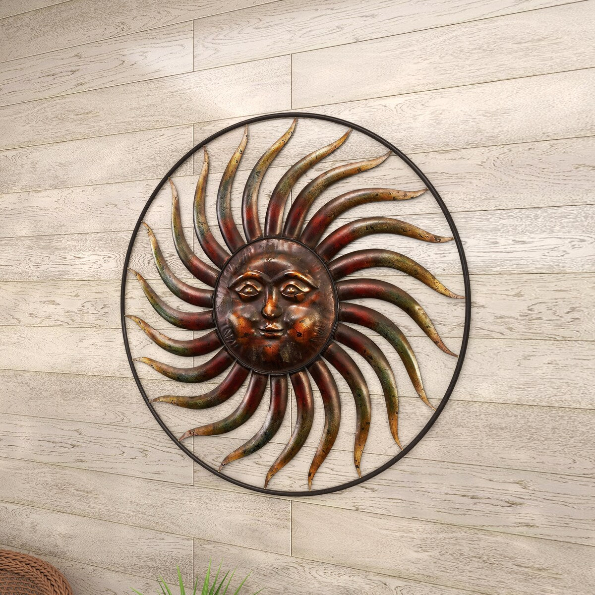 Metal Sun Indoor Outdoor Weathered Home Wall Decor with Green Accents - Copper - Roche River Decor