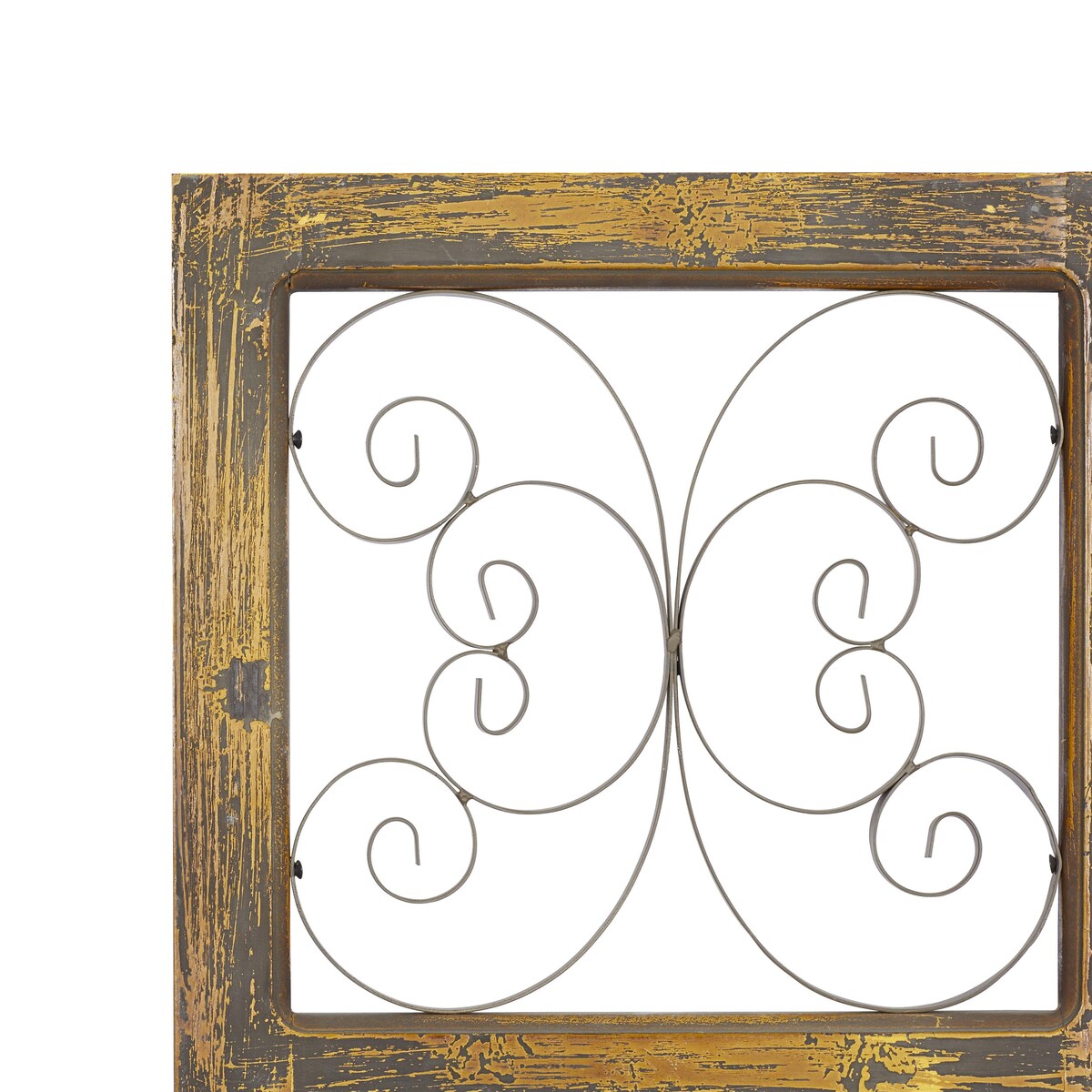 Wood Scroll Distressed Panel Home Wall Decor with Bronze Metal Scrollwork - Brown - Roche River Decor