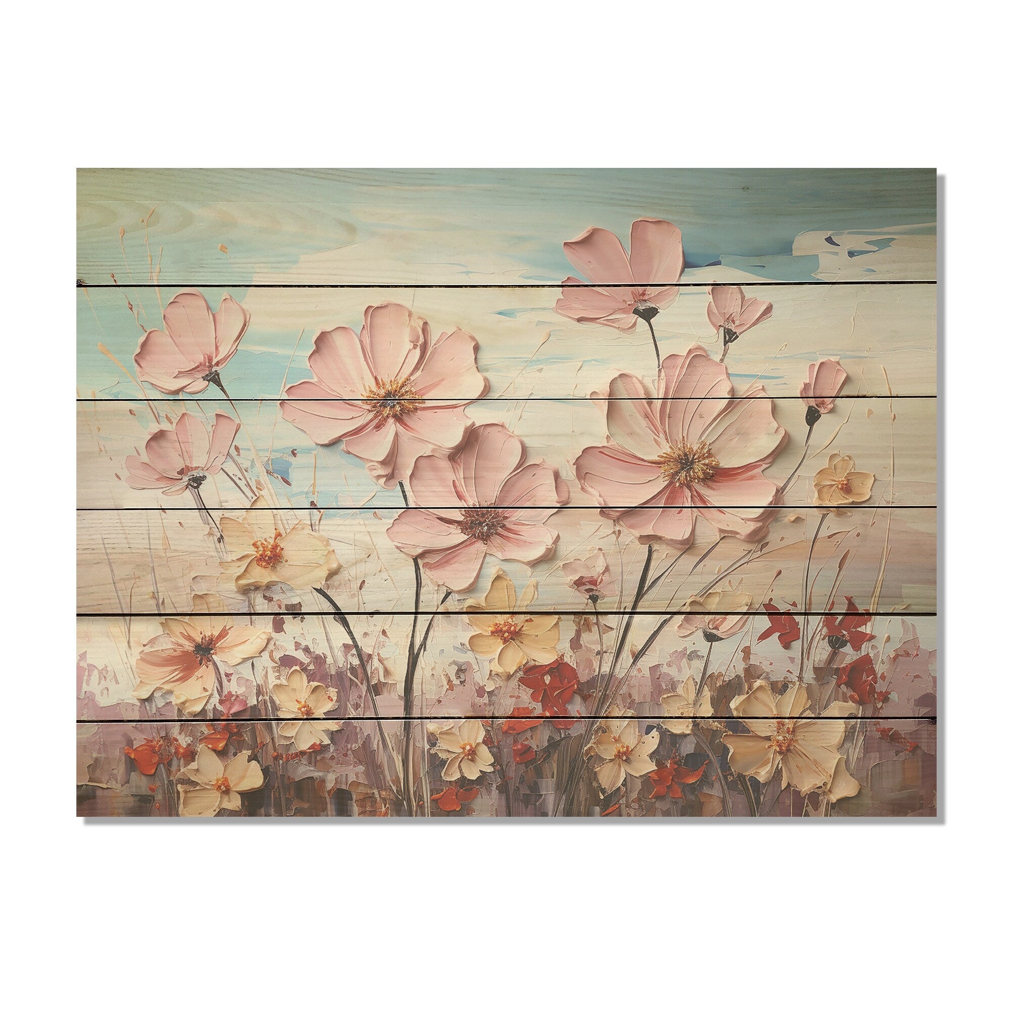 Designart Pink Pansies Blooming Field Flower Field Wood Wall Decor Traditional Pink Wood Panel On Natural Pine Wood