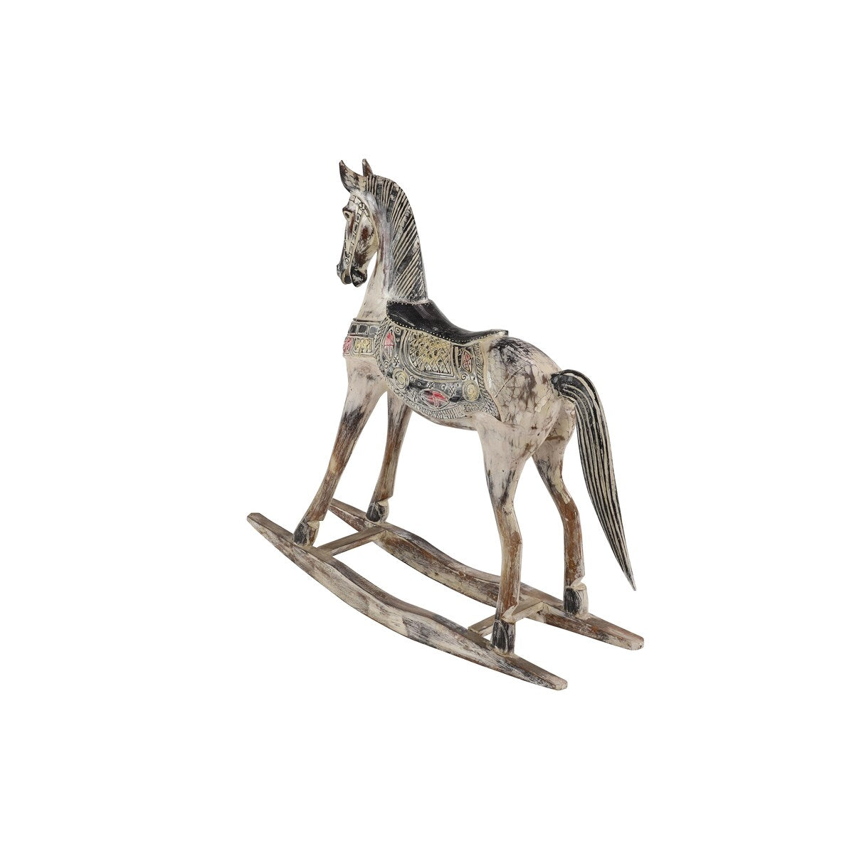 Wood Horse Rocking Decorative Sculpture with Brown Distressing and Colorful Accents - Beige - Roche River Decor