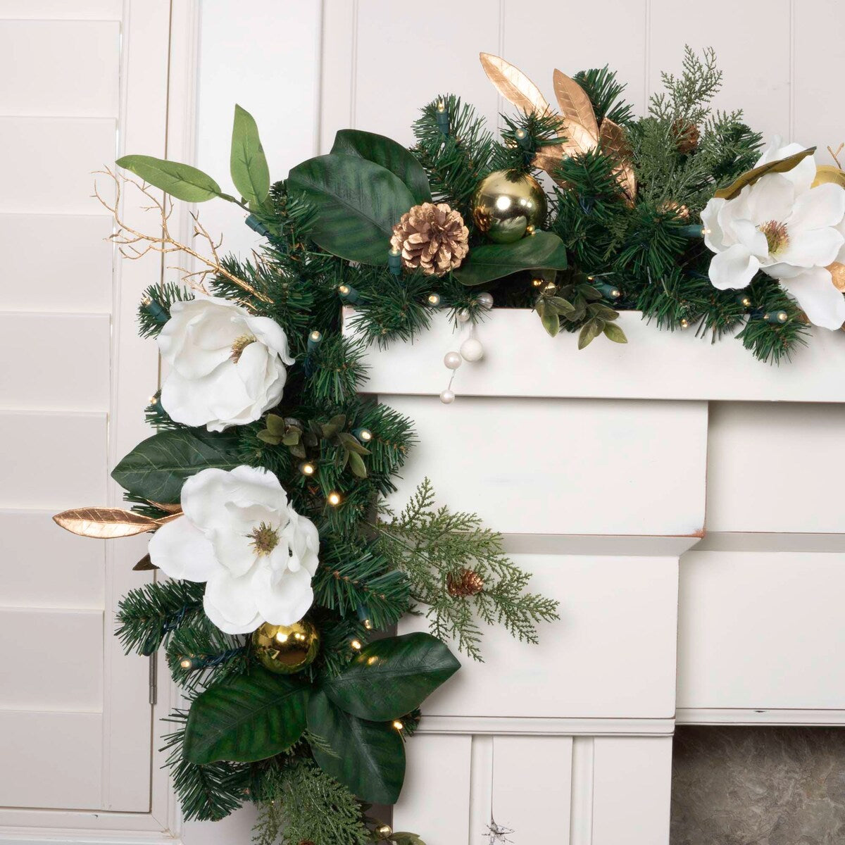 9 ft. Artificial Christmas Garland with Lights - White Gold Magnolia - 9 Foot