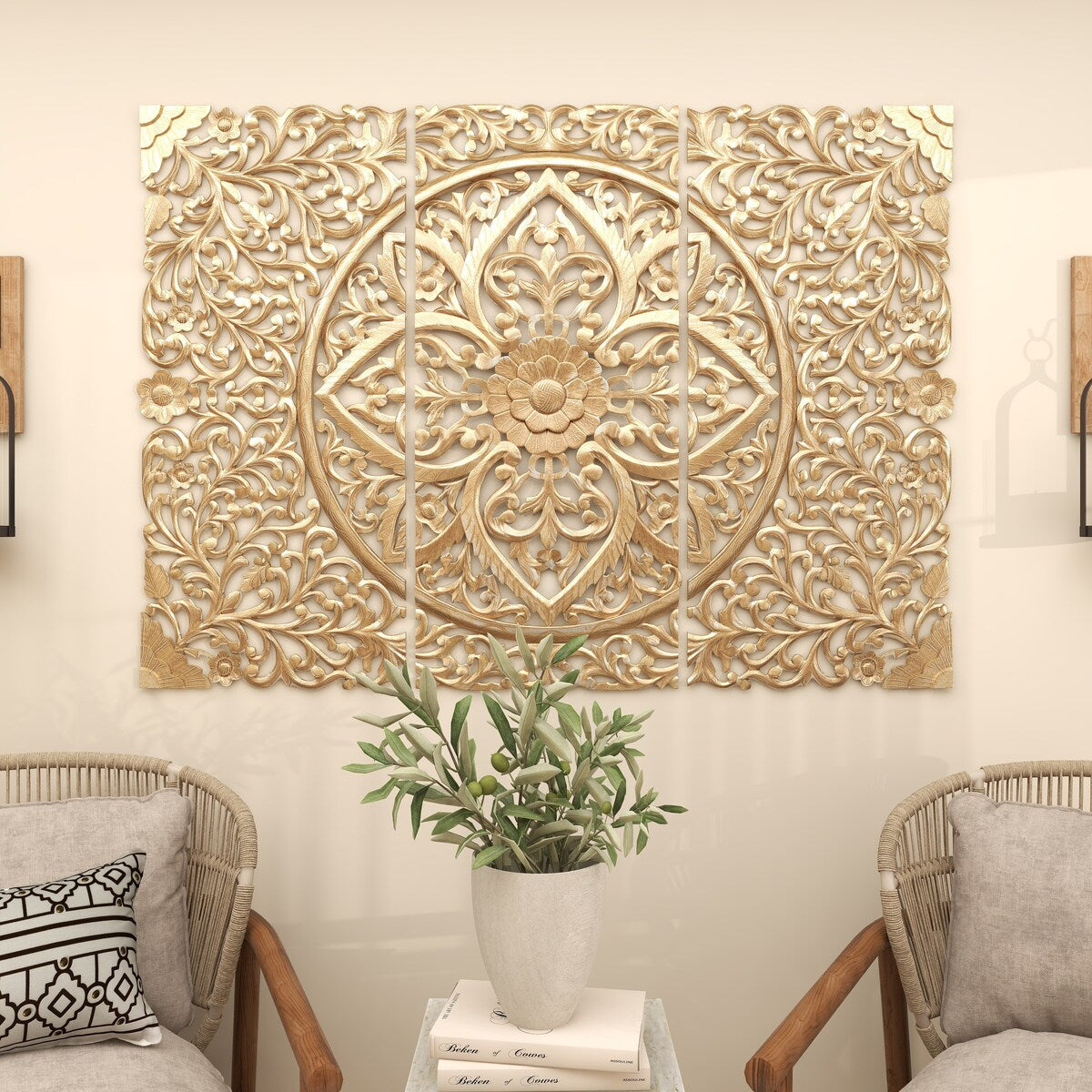 Wood Floral Handmade Intricately Carved Home Wall Decor with Mandala Design - Set of 3 Gold - Roche River Decor