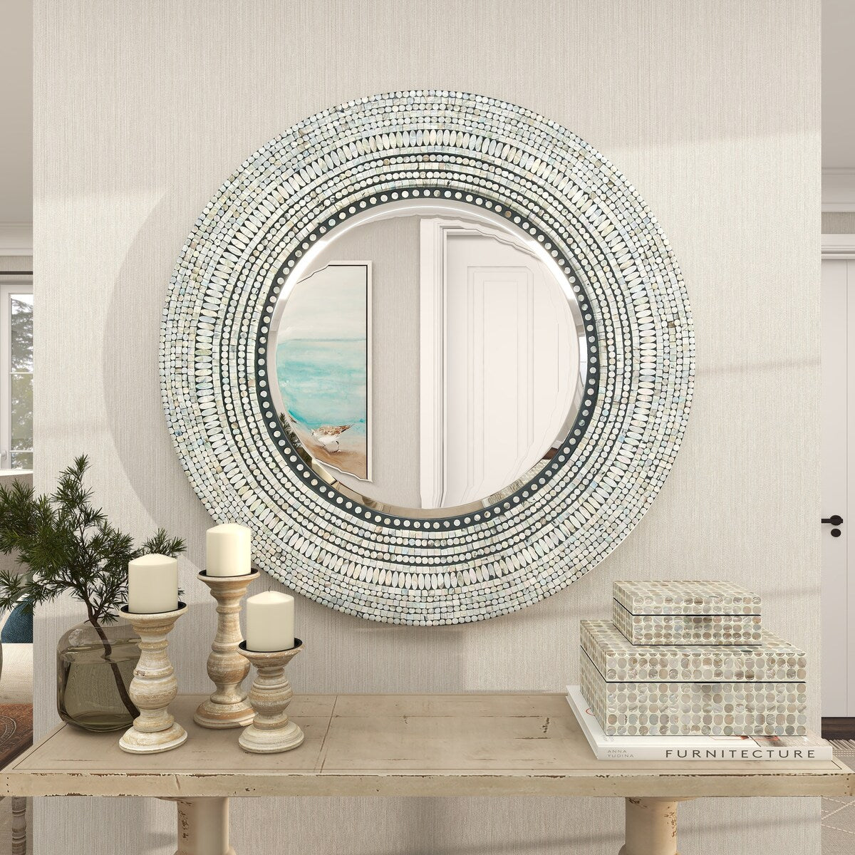 Mother of Pearl Shell Handmade Mosaic Room Wall Mirror - Roche River Decor